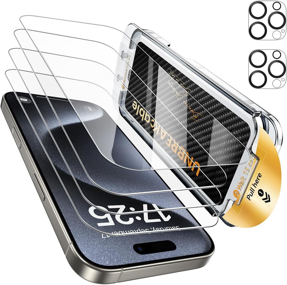 UNBREAKcable for iPhone 16 Pro Screen Protector 4+2 Pack [9H+ Military-Grade Shatterproof] [Effortless Bubble-Free Installation] Ultra HD Clarity Tempered Glass with Lens Protector, Case friendly