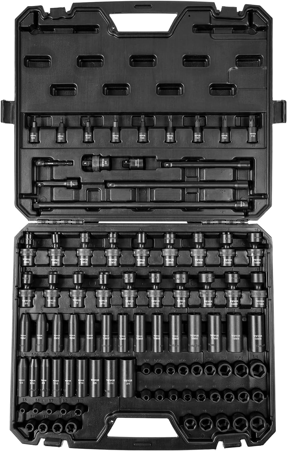 VEVOR 1/2" Drive Impact Socket Set, 65 Piece SAE 3/8" to 1-1/4" and Metric 10-24mm, 6 Point Cr-V Alloy Steel for Auto Repair, Easy-to-Read Size Markings, Rugged Construction, Storage Case