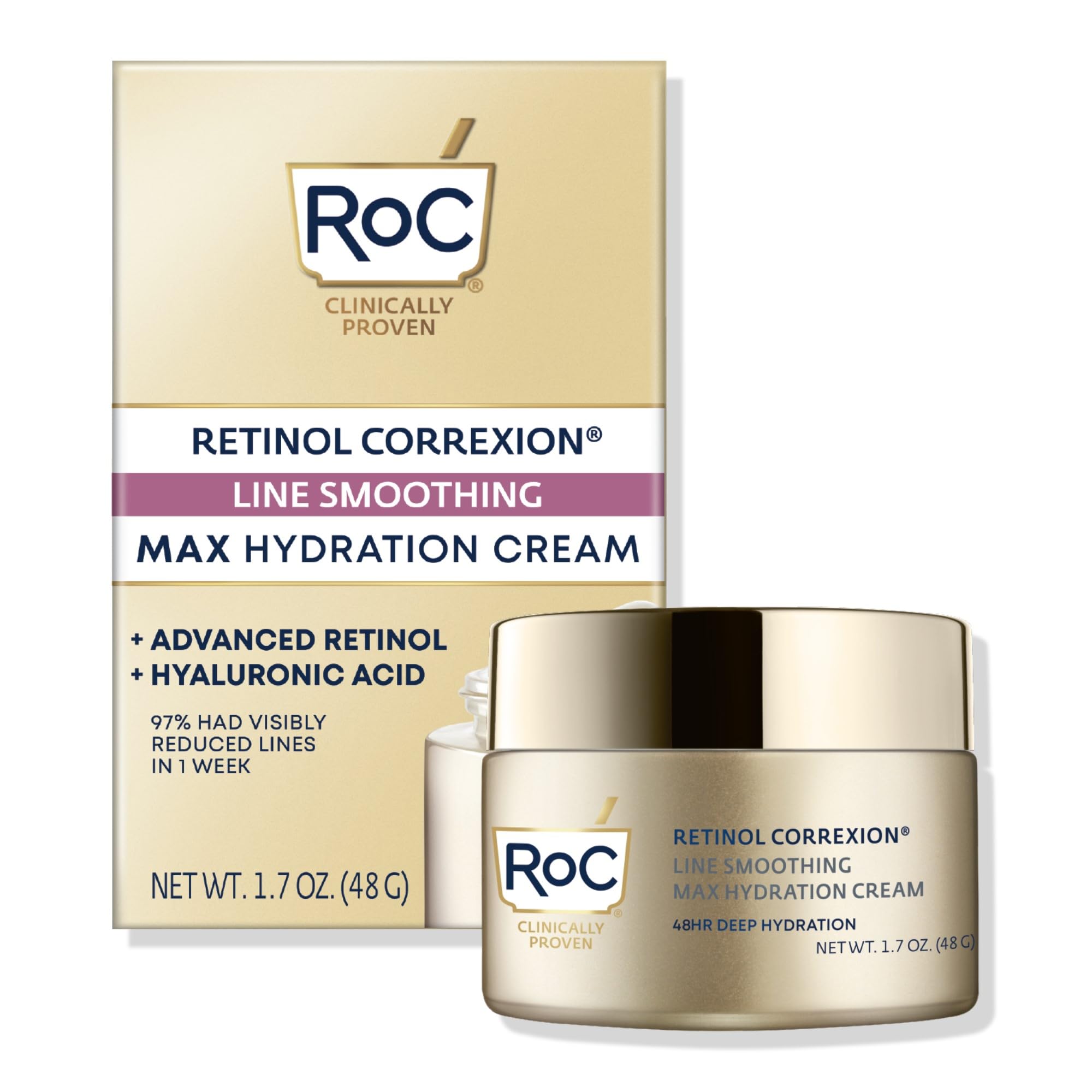 RoC Retinol Correxion Max Daily Hydration Anti-Aging Face Moisturizer with Hyaluronic Acid, Oil Free Skin Care Cream for Fine Lines, Dark Spots, Post-Acne Scars, Retinol Moisturizer, 1.7 Ounces