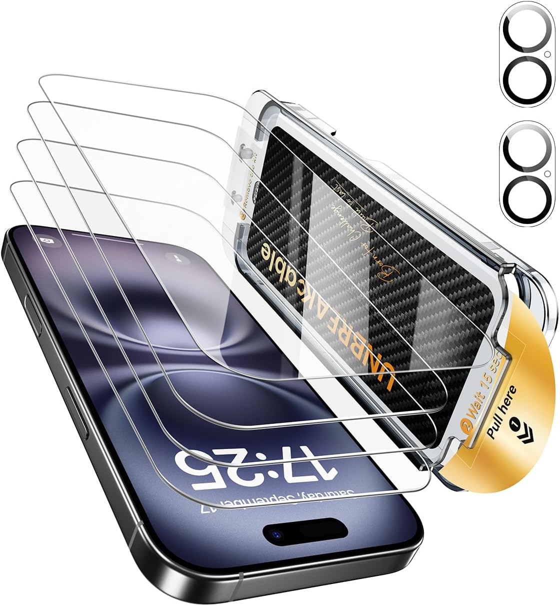 UNBREAKcable for iPhone 16 Pro Screen Protector 4+2 Pack [9H+ Military-Grade Shatterproof] [Effortless Bubble-Free Installation] Ultra HD Clarity Tempered Glass with Lens Protector, Case friendly