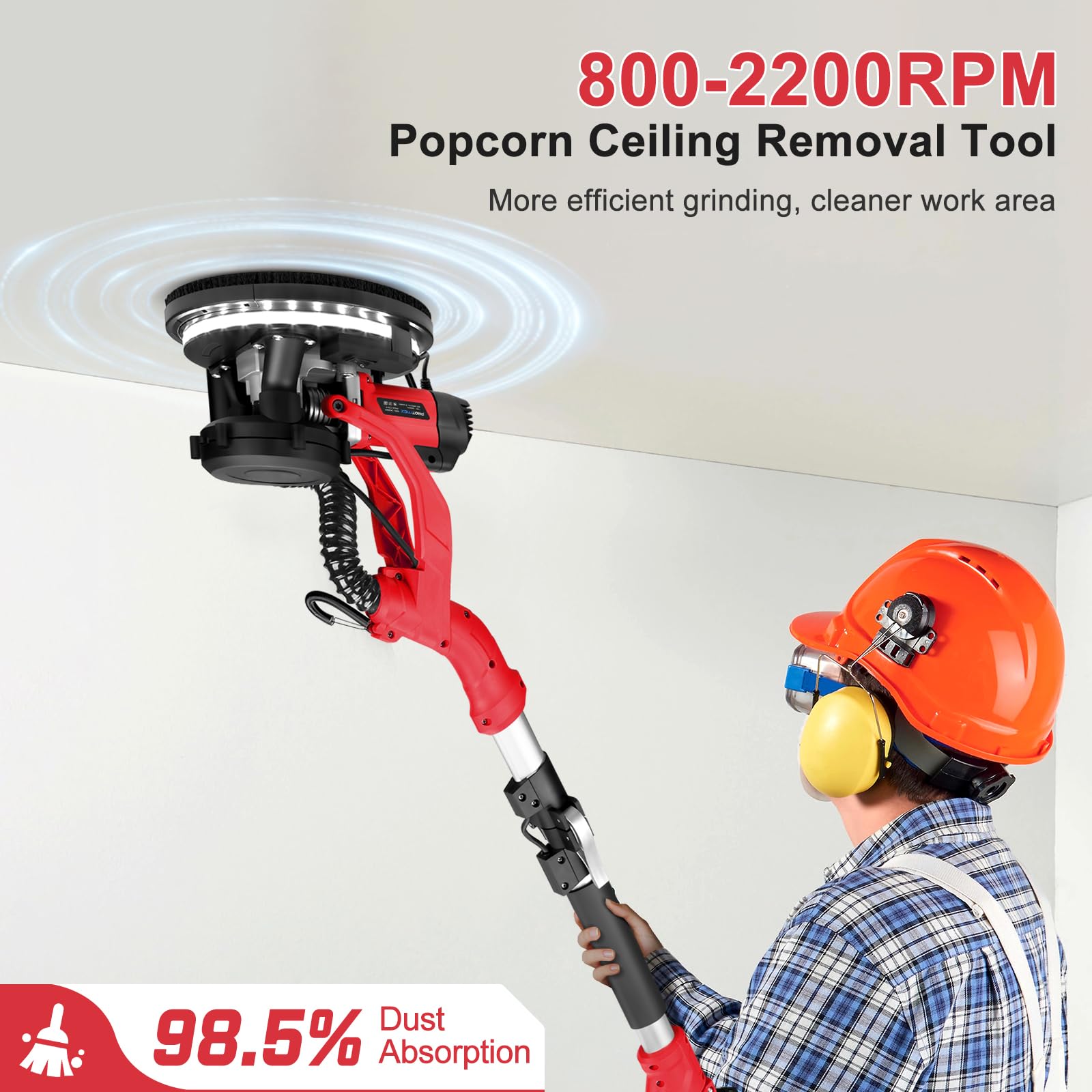 Drywall Sander, 1000W Popcorn Ceiling Removal Tool, Automatic Drywall Sander with Vacuum Dust Collection, LED Light, 6 Variable Speed 800-2200RPM,15Pcs Sanding Discs, Foldable & Extendable Handle