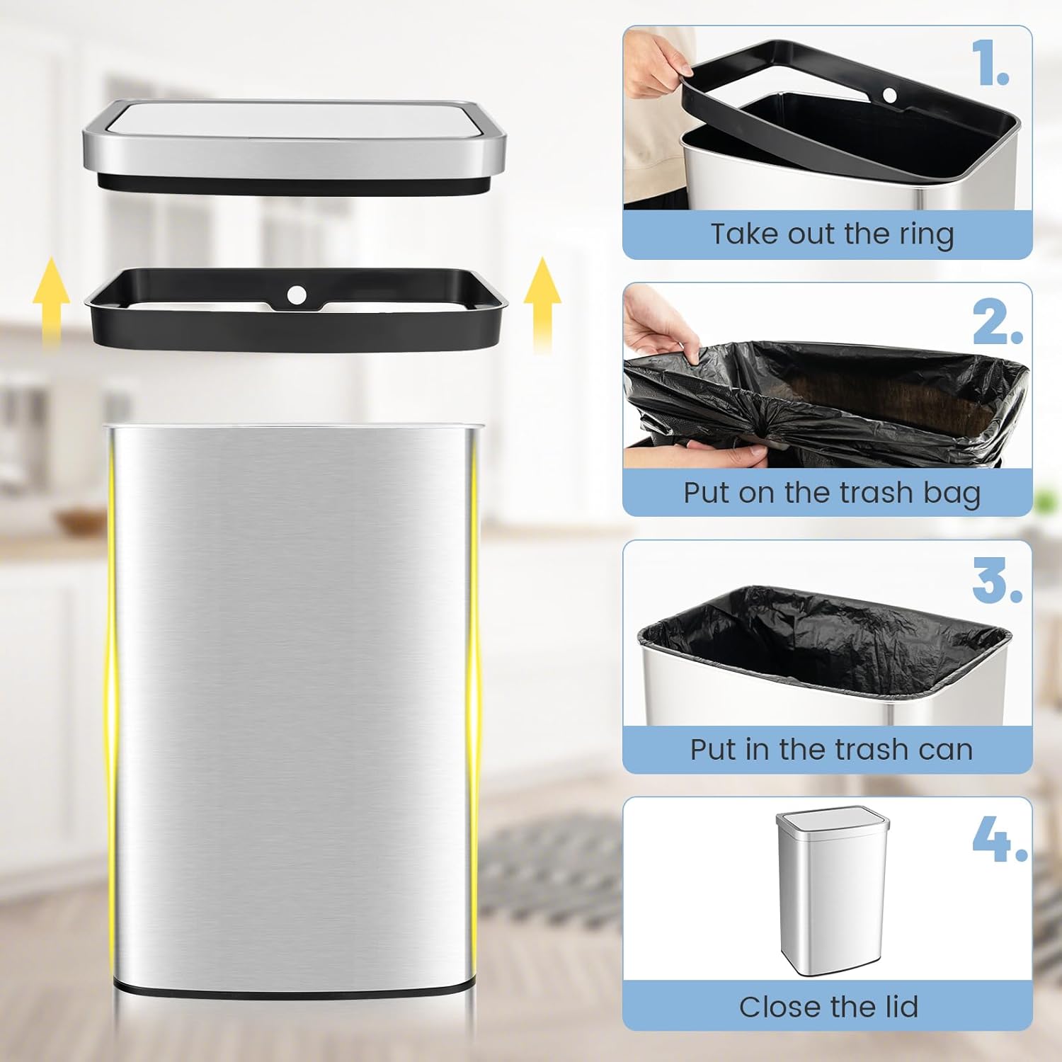 Goplus 13 Gallon/ 50L Touchless Trash Can, Rectangular Motion Sensor Trash Bin with Soft Close Lid & Deodorizer Compartment, Stainless Steel Automatic Garbage Can for Kitchen, Office