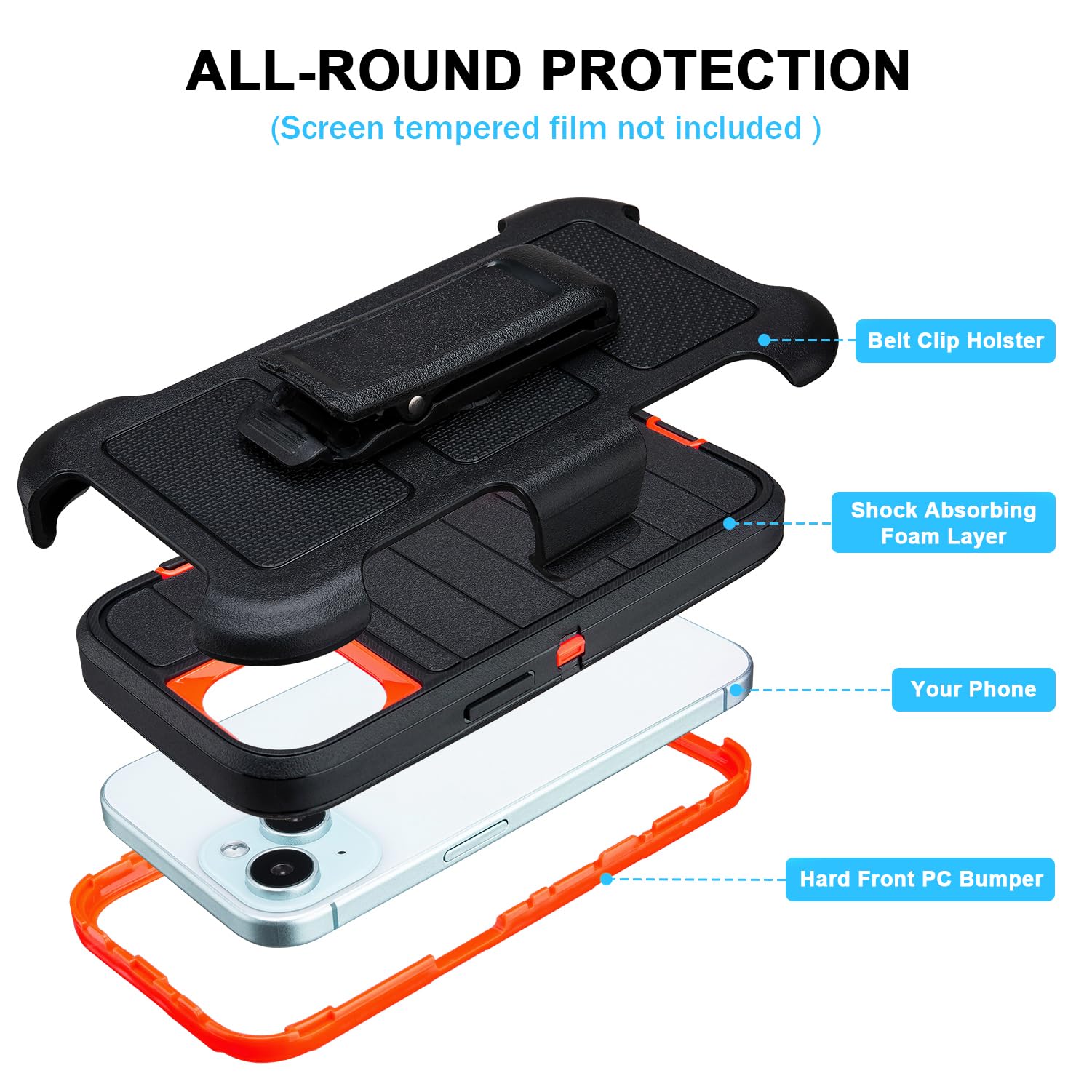 for Rugged iPhone 15 Case with Belt Clip Holster, Military Grade Heavy Duty Shockproof Cover for iPhone15 Case Protective with Stand 6.1 Inch (Black+Blue)