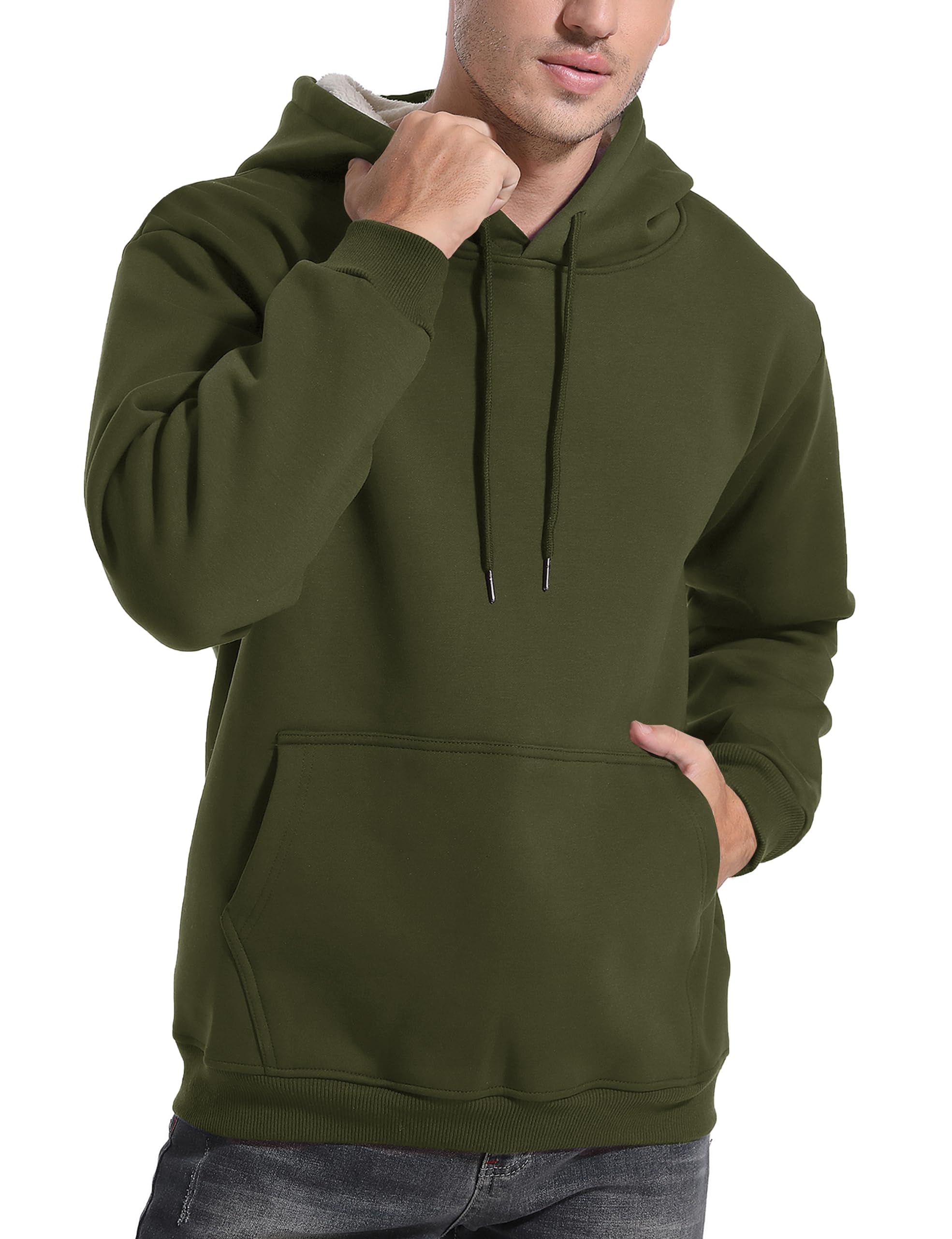 Flygo Men's Casual Fleece Sherpa Lined Hoodie Winter Warm Pullover Hooded Sweatshirt(Black-XL)