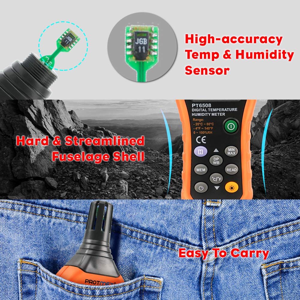 PT6508 Temperature Humidity Meter, Digital Thermometer Hygrometer Monitor with Ambient, Dew Point, Wet Bulb for Indoor/Outdoor MIN, MAX, Data Hold, LCD Backlight