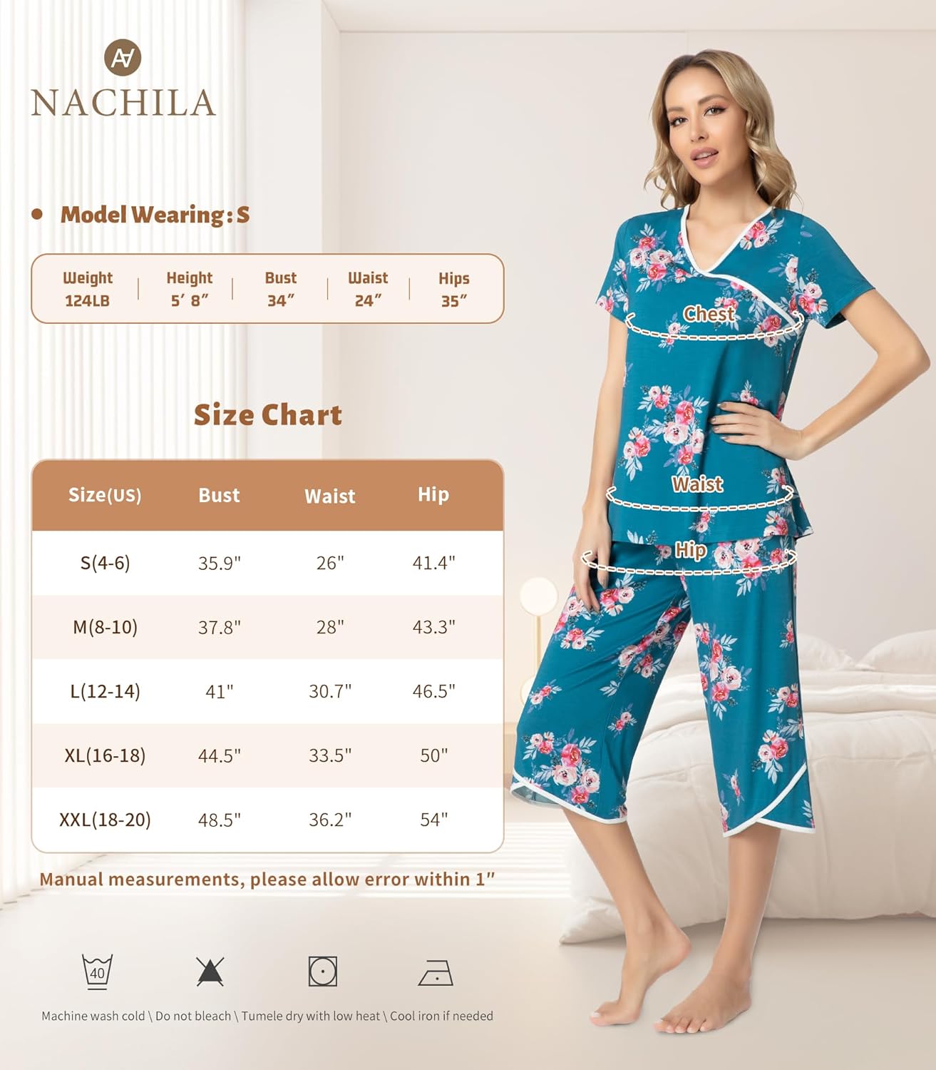 NACHILA Women’s Pajamas-Viscose Made from Bamboo, Short Sleeve Pjs Top with Capri Pajama Sets for Women Cool V Neck Sleepwear