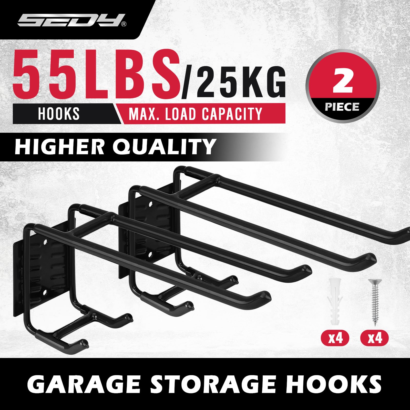 SEDY 6-Piece Heavy Duty Garage Storage Hooks, Wall Mount J Utility Hooks Holds 88 LB, Large Metal Utility, Garage Storage Ladders for Bikes, Garden Tools