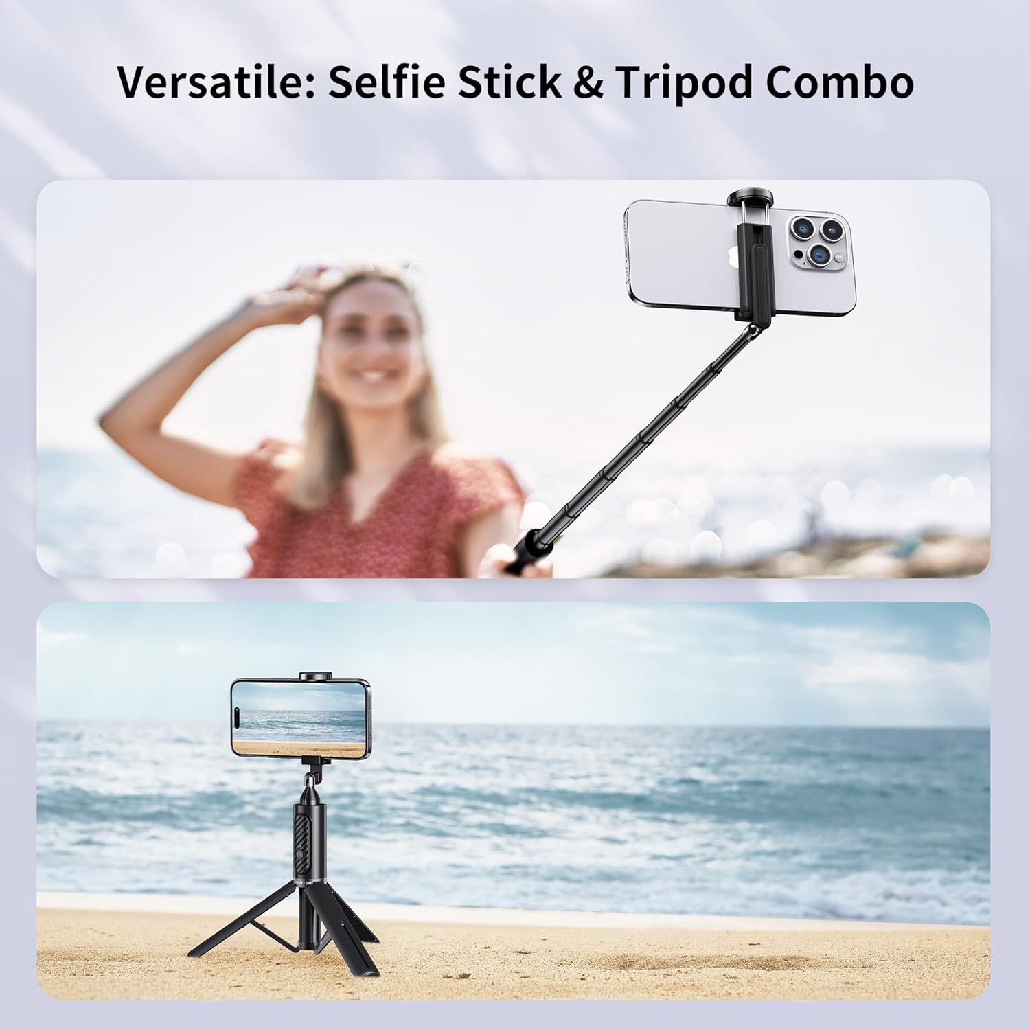 ATUMTEK Selfie Stick Tripod, 3-in-1 Extendable Aluminum Phone Tripod with Detachable Bluetooth Remote, Compatible with iPhone 17/16/15/14/13/12/11/11 Pro/XS Max/XR and Samsung Smartphones, Black