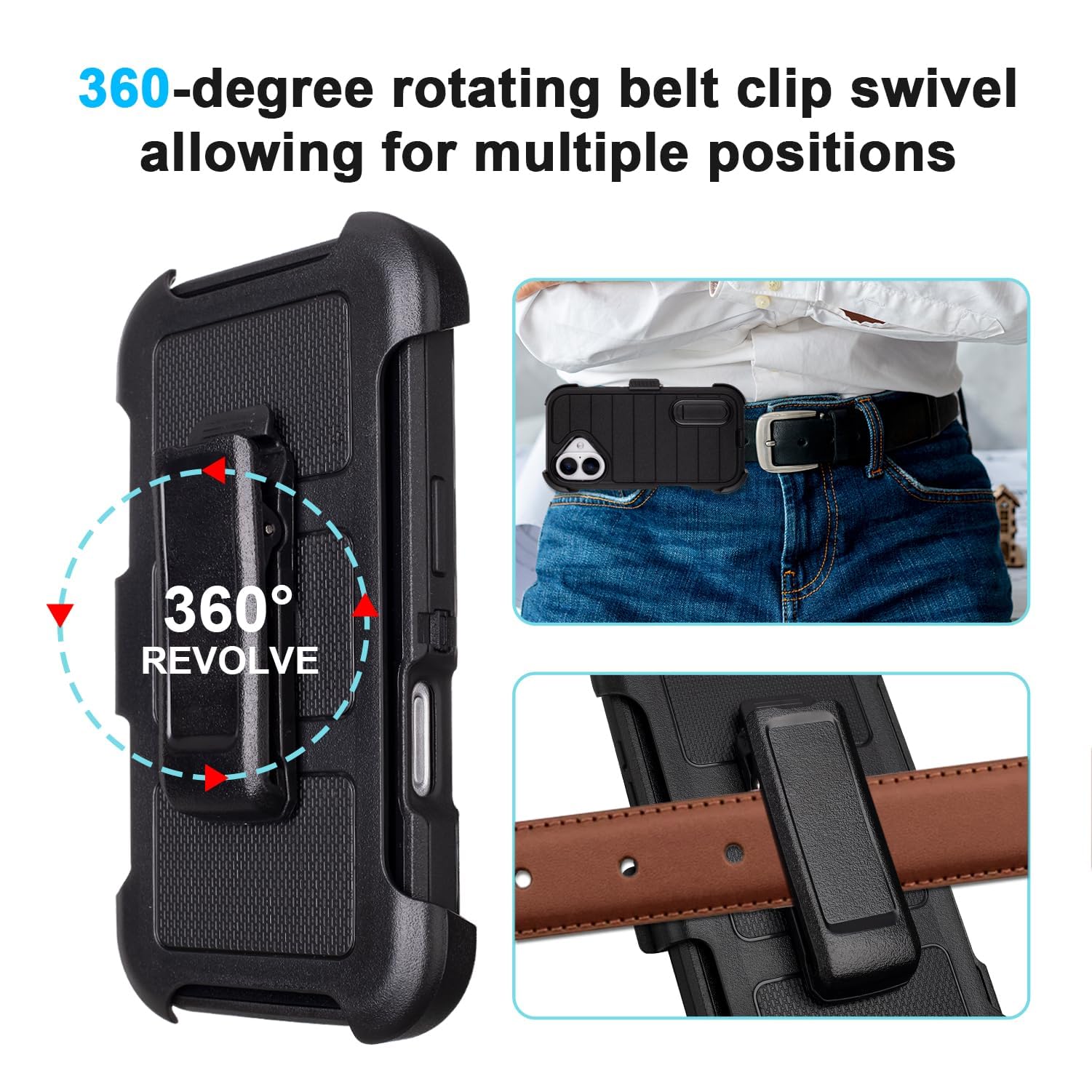 Black for iPhone 16 Case with Belt Clip Holster, Heavy Duty Rugged Military Grade Shockproof Case for iPhone 16 Case Protective Cover with Kickstand 6.1 Inch