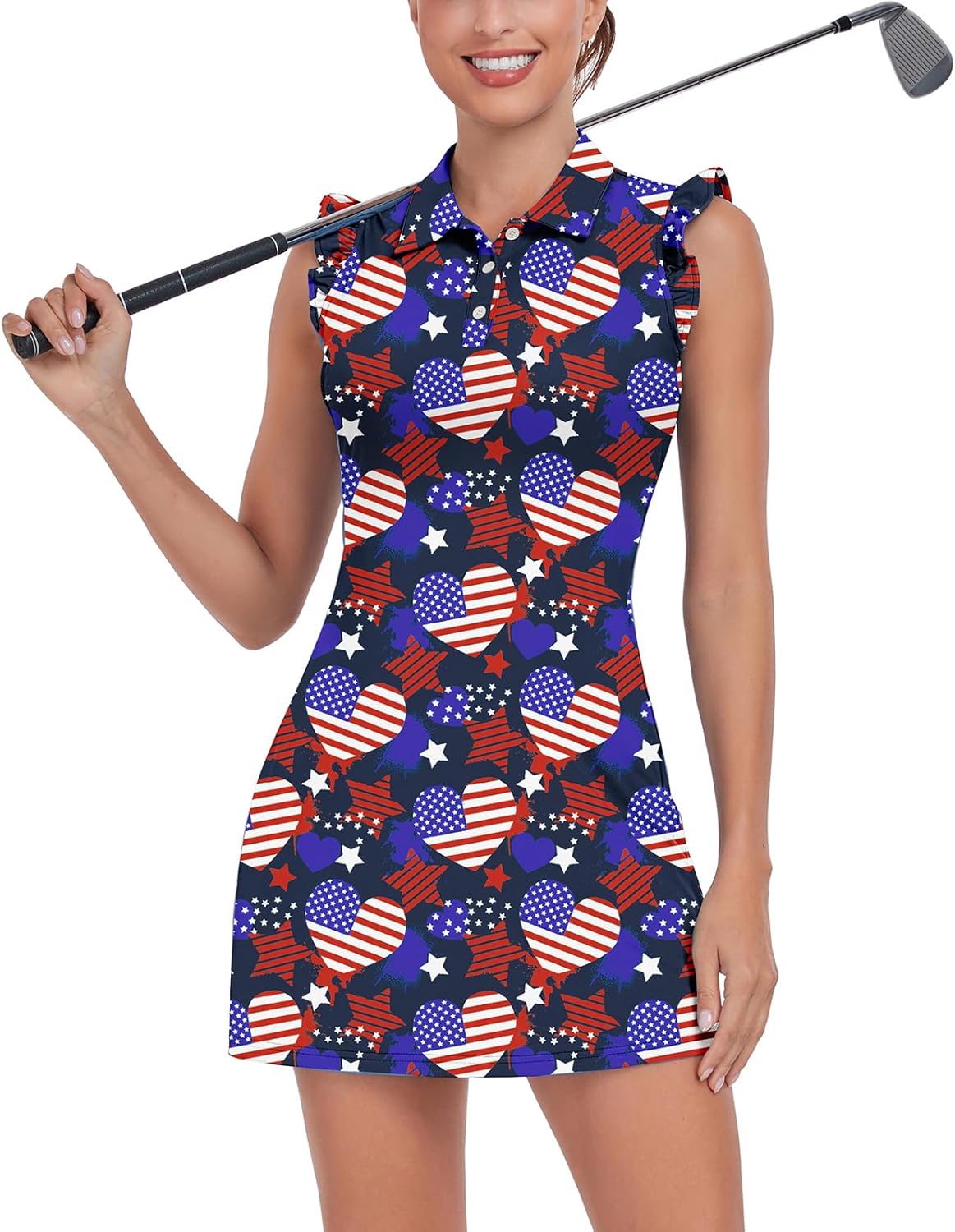 WOWENY Tennis Dress Polo Buttons Golf Dresses with Built in Shorts and Pockets Ruffle Sleeveless Athletic Workout Dress