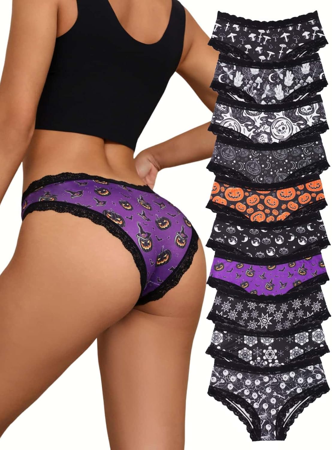 Morvia 10pcs Women's Gothic Contrast Lace Halloween Skull & Rose Print Hipster Panties Assorted Styles