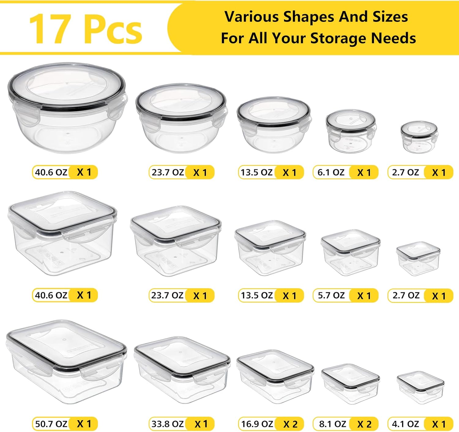 34 PCS Food Storage Containers Set with Airtight Lids (17 Lids &17 Containers) - BPA-Free Plastic Food Container for Kitchen Storage Organization, Fruit Meal-prep Containers with Labels & Marker