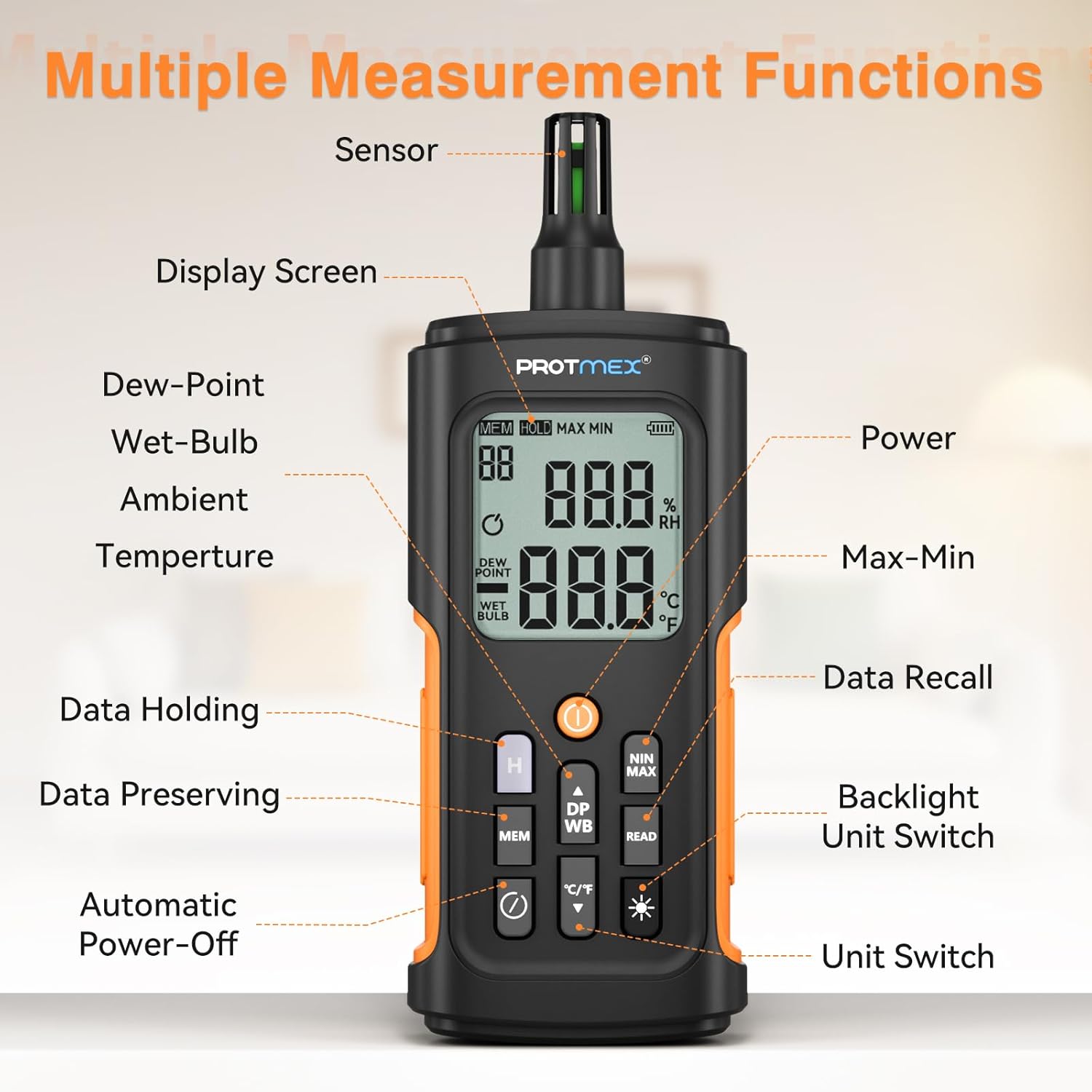 YT606 Temperature Humidity Meter High Precision Digital Hygrometer with Ambient, Relative Humidity, Dew Point, Wet Bulb Thermometer for Indoor Outdoor, Digital Thermometer Min/Max Hold, LCD Backlight