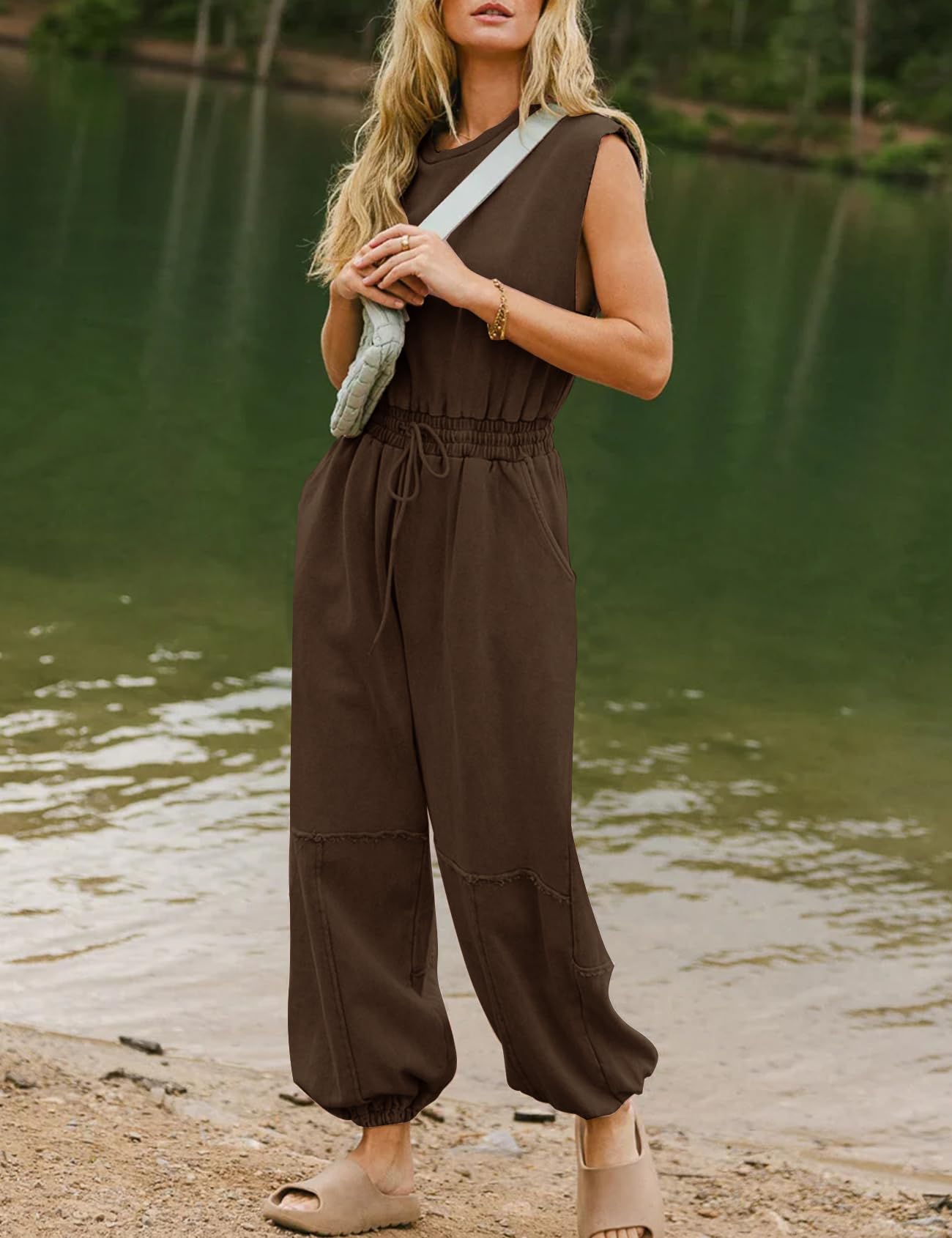 Flygo Womens Casual Jumpsuit Crewneck Cap Sleeve Long Wide Leg Pants One Piece Outfits Drawstring Romper with Pockets(LightGrey-M)