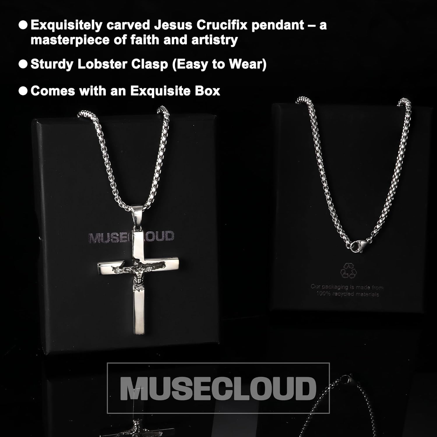 925 Sterling Silver Crucifix Necklace Men - 3D Jesus Relief Cross Savior Pendant with Stainless Steel Box Chain Catholic Crucifix Necklaces Large Christian Jewelry for Women Mens 18-26 inch