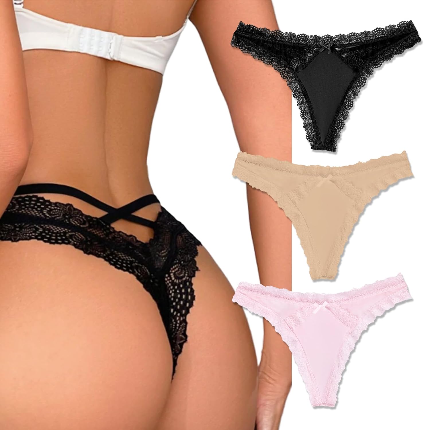 Avidlove Womens Underwear Sexy Lace Panties Low Rise Thong Bikini with Criss Cross Back Breathable Tangas 1-3 Packs