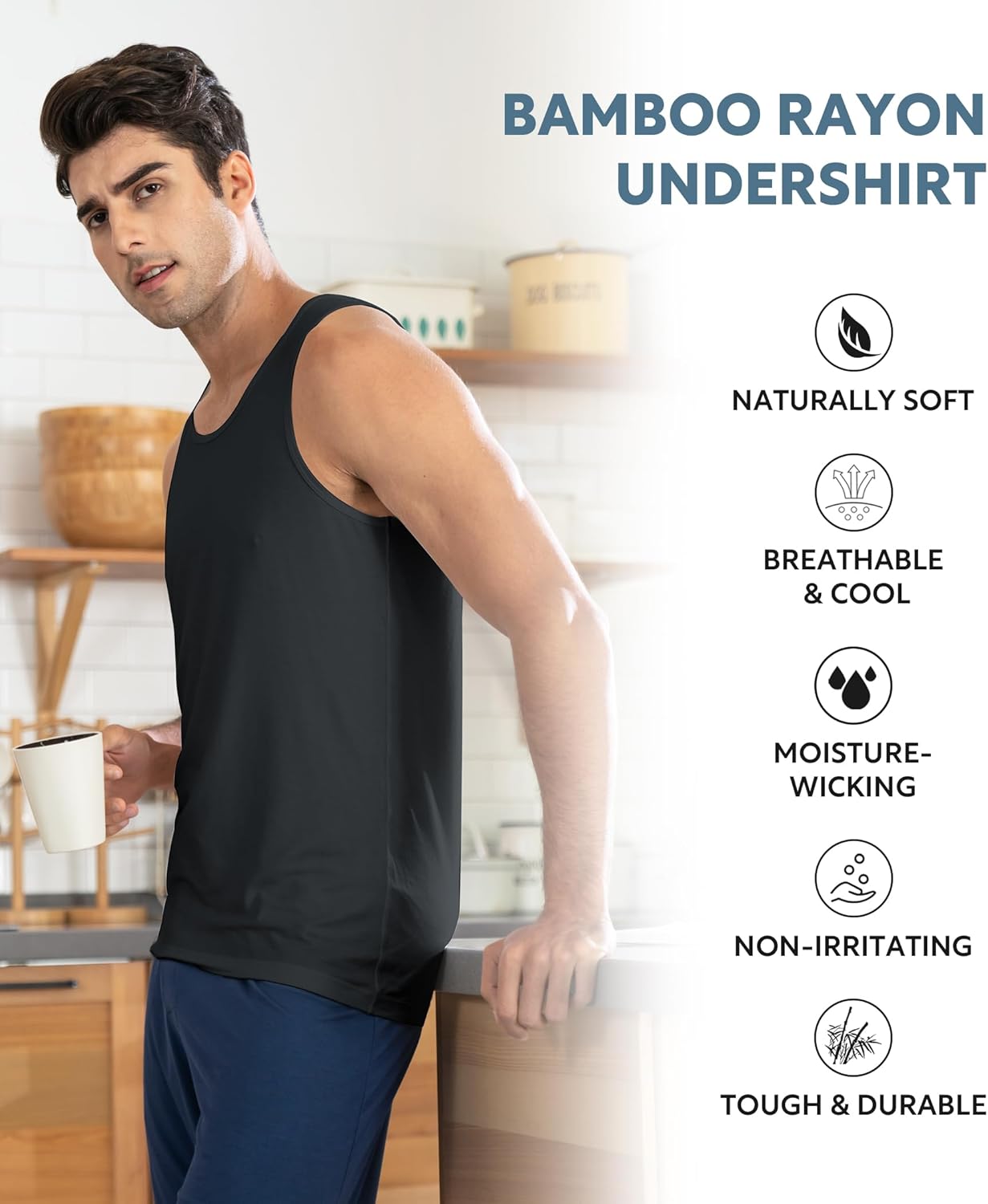 DAVID ARCHY Men's Tank Top Bamboo Rayon Undershirts Tank Shirt Moisture-Wicking A-Shirt for Men, 3 or 5 Pack