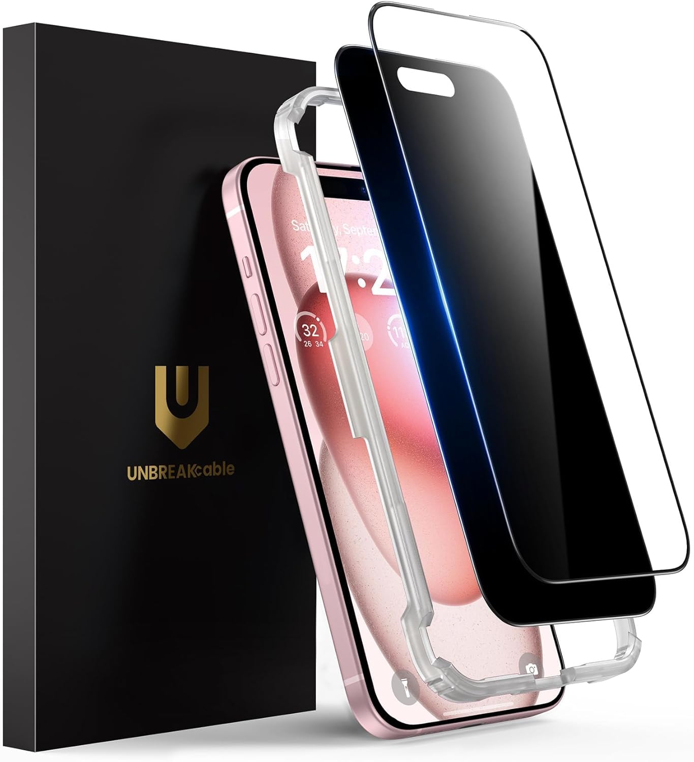UNBREAKcable 2PCS Screen Protector for iPhone 16-1 Privacy Tempered Glass+1 Clear Glass Double Shatterproof [Easy Installation Frame] [9H Hardness] [Case Friendly] Anti-Scratch for iPhone 6.1 inch