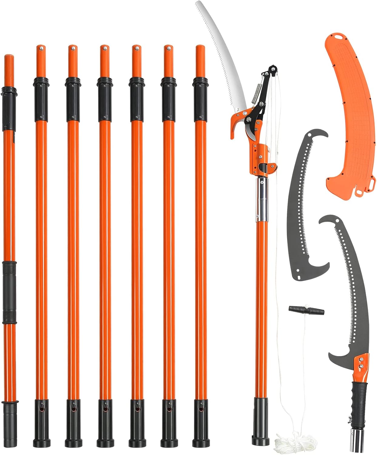 VEVOR Manual Pole Saw, 7.3-27 ft Extendable Tree Pruner, Sharp Steel Blade and Scissors High Branches Trimming, Branch Trimmer with Lightweight 8 Fiberglass Handles, for Pruning Palms and Shrubs