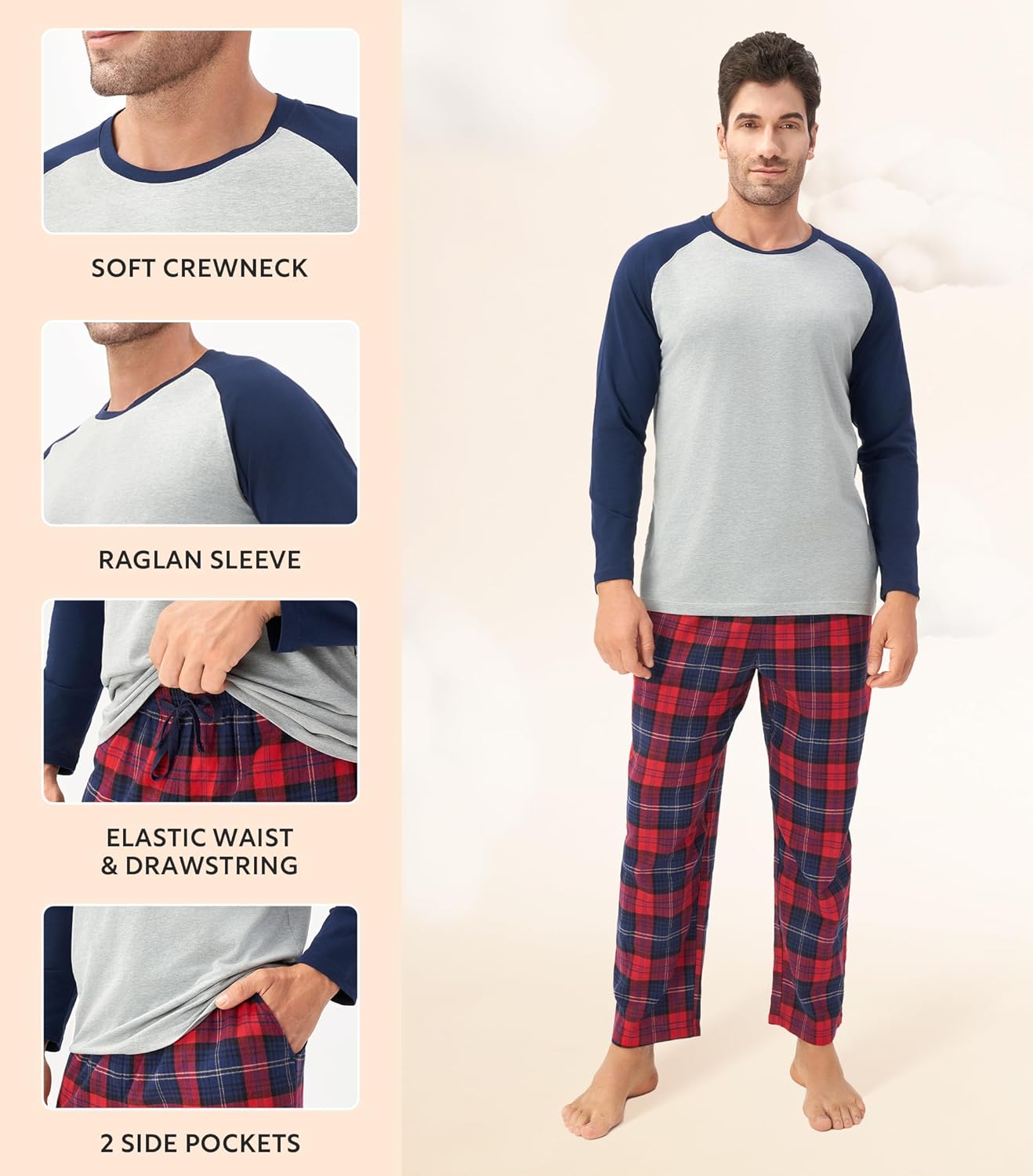 DAVID ARCHY Mens Pajamas Set - Soft Pj Sets for Men Long Sleeve Pajamas Men Cotton Mens Pjs Sets Loungewear with Pockets