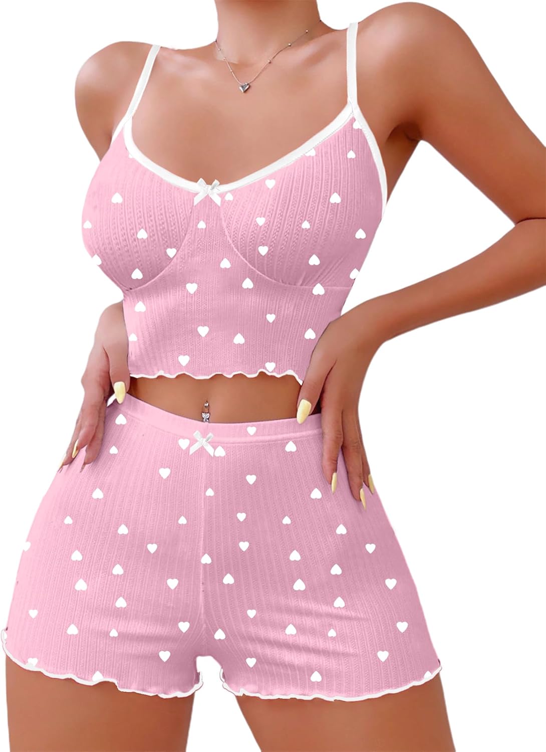 Hilinker Womens Graphic Print Ribbed PJ Set Crop Cami Tops and Shorts Cute Pajamas Set