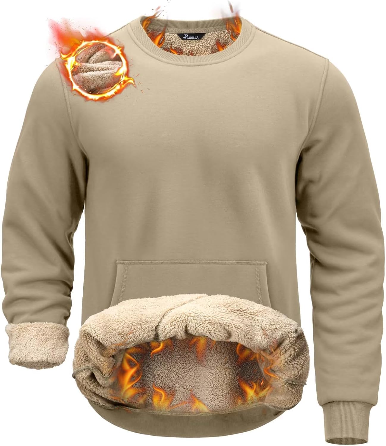 Pudolla Men's Sherpa Lined Sweatshirts Warm Soft Crewneck Sweatshirts Heavyweight Winter Pullover Kangaroo with Pouch Pocket