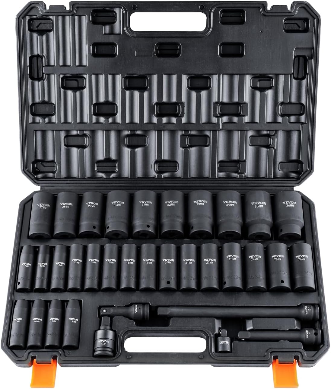 VEVOR 1/2" Drive Impact Socket Set, 65 Piece SAE 3/8" to 1-1/4" and Metric 10-24mm, 6 Point Cr-V Alloy Steel for Auto Repair, Easy-to-Read Size Markings, Rugged Construction, Storage Case