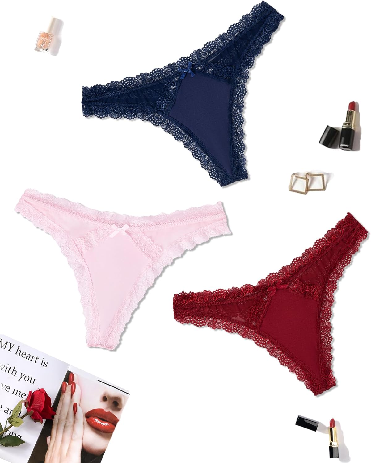 Avidlove Womens Underwear Sexy Lace Panties Low Rise Thong Bikini with Criss Cross Back Breathable Tangas 1-3 Packs