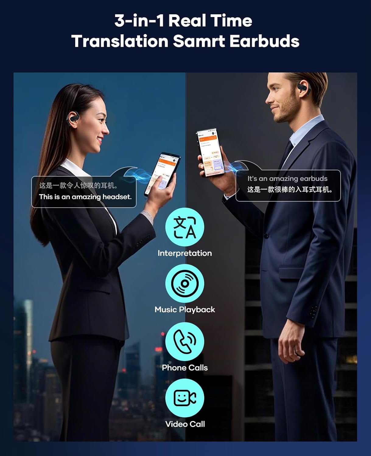 AI Translation Earbuds,Real time Translating Support Voice and Video Call,164 Languages Translator Earbuds with iOS & Android, Bluetooth Translation Headphones Device for Travel Business