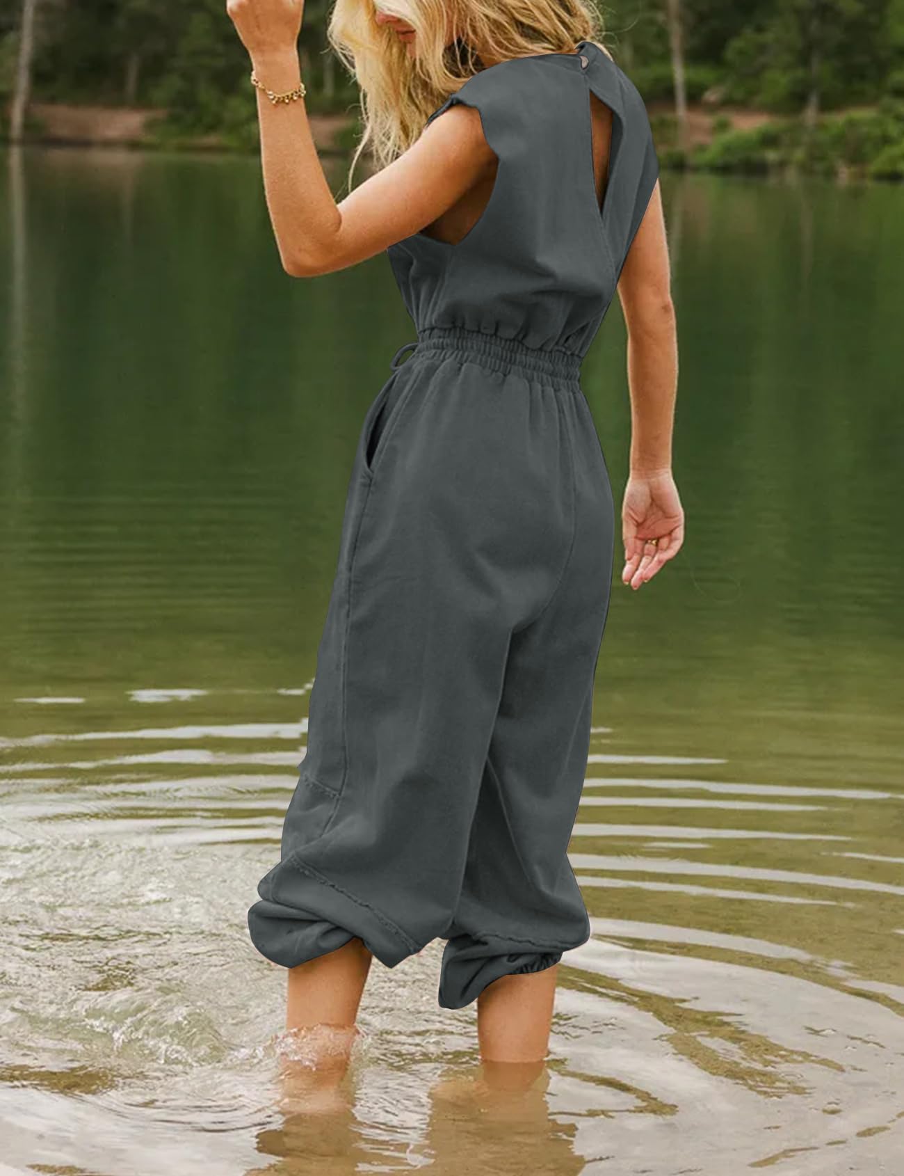 Flygo Womens Casual Jumpsuit Crewneck Cap Sleeve Long Wide Leg Pants One Piece Outfits Drawstring Romper with Pockets(LightGrey-M)