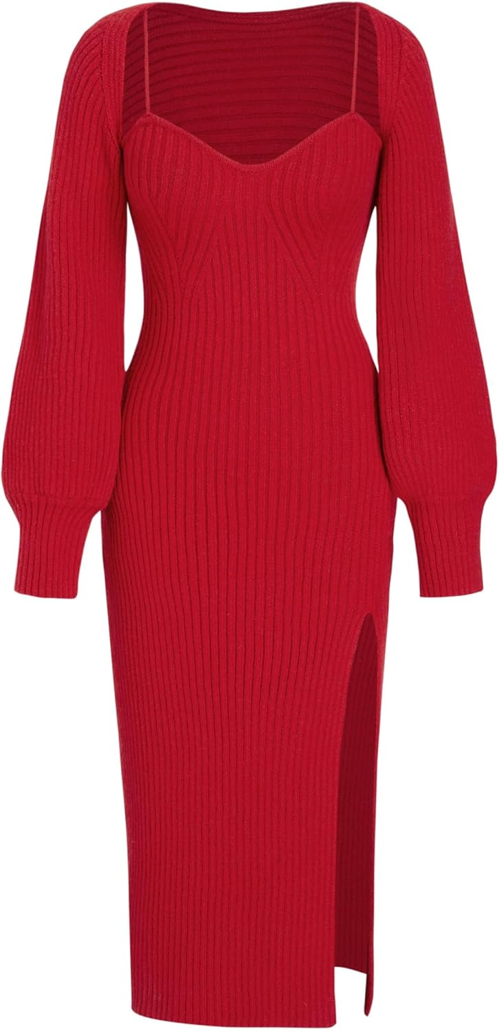 CIDER 2 Piece Sweater Dresses for Women Winter Slit Long Sleeve Womens Midi Dress Pullover Bodycon Wedding Guest Outfits