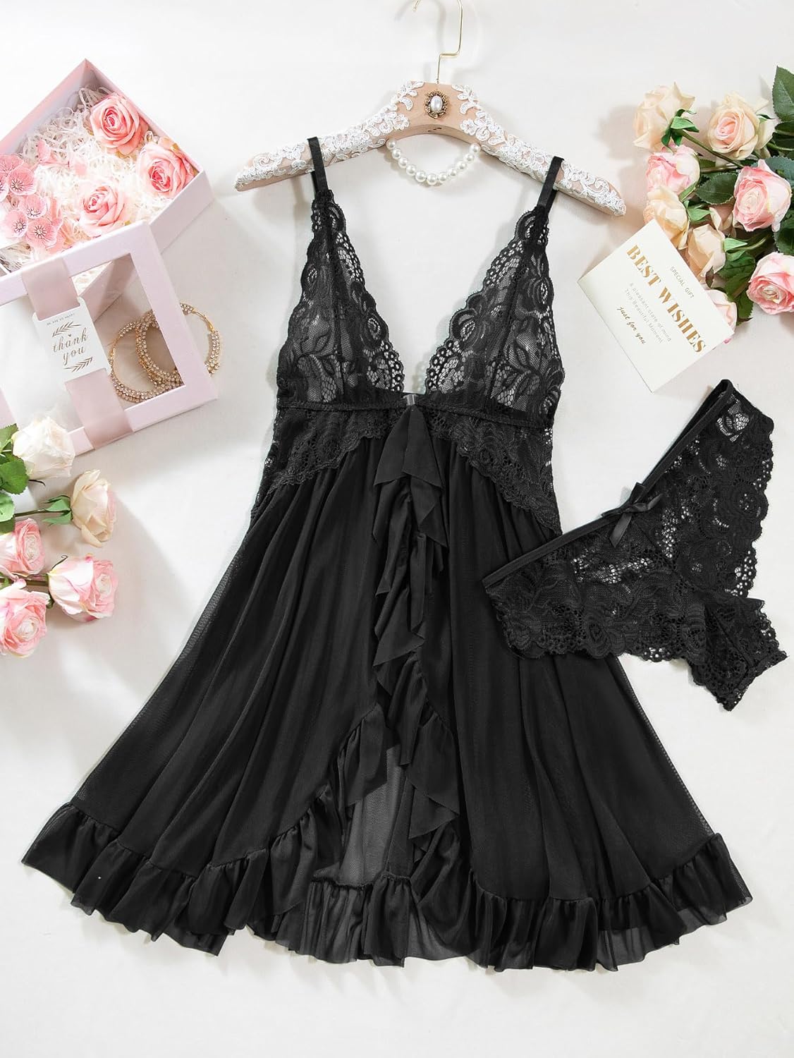 Sexy Open Front V Neck Ruffle Sheer Mesh Lace Wireless Babydoll Lingerie Dress with Thong 2 Piece