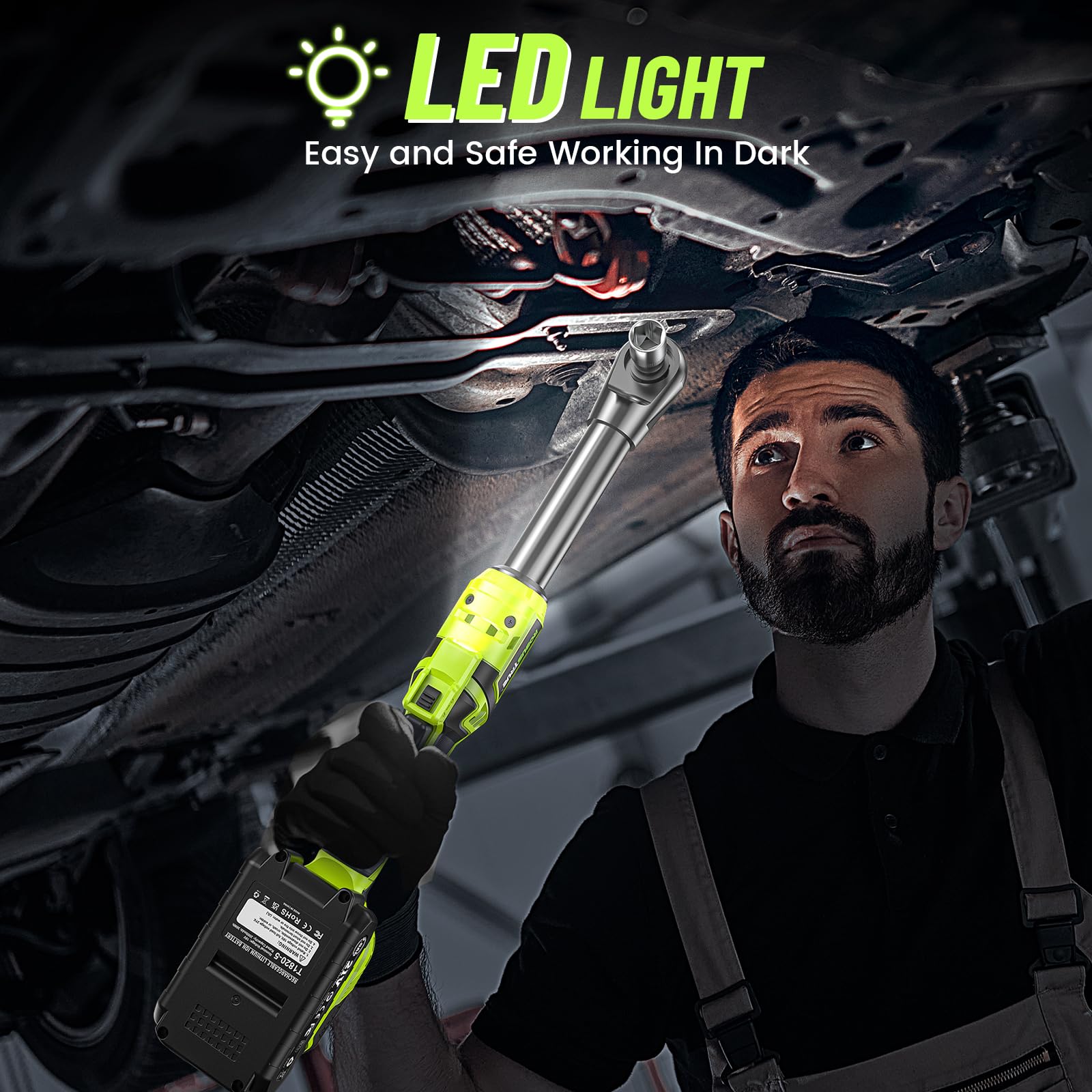 3/8" Cordless Ratchet Wrench: 58Ft-lbs (80N.m) 400RPM Light Weight Electric Ratchet, 6'' Extended Neck, 2 x2.0Ah Battery, 8 Sockets, 3" Extension Bar, LED Light (RH80B)