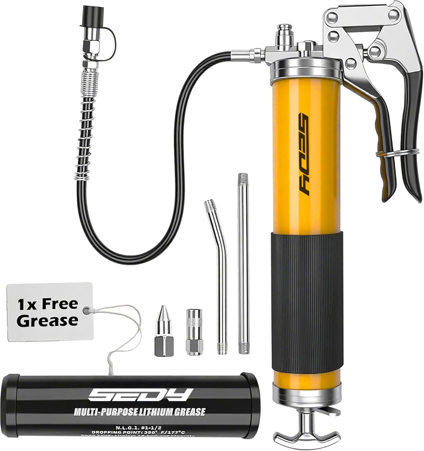 SEDY Heavy Duty Grease Gun Kit - 14oz Free Grease Tube 8000 PSI Pistol High Pressure Flexible Hose Bearing Grease Pump Marine Durable Connectors Adapters Extension Tubes Nozzle Easy Operation