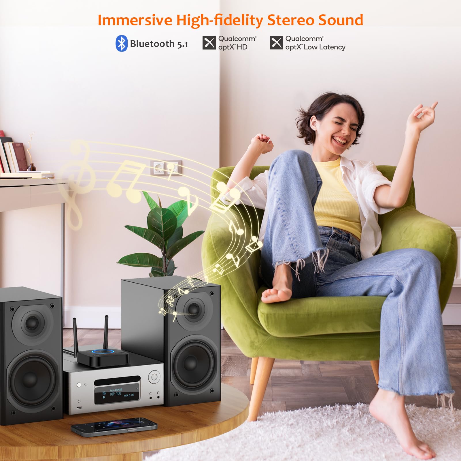 [Upgraded] 1Mii B06Pro Long Range Bluetooth Receiver, HiFi Wireless Audio Adapter, Bluetooth 5.1 Receiver with 3D Surround aptX HD Low Latency Optical RCA AUX 3.5mm Coaxial for Home Stereo System