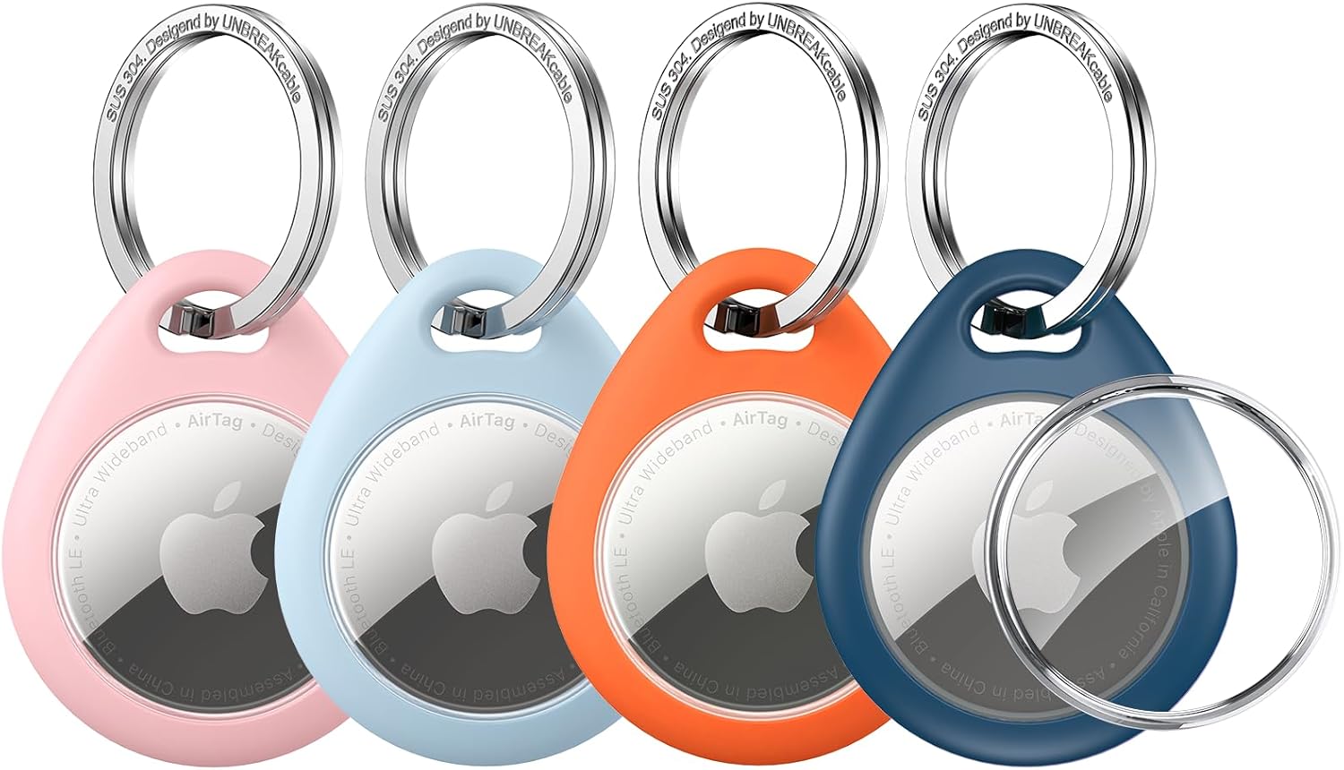 UNBREAKcable AirTag Holder for Apple - 4 Pack Air Tag Case [Fit Tightly Design] [Easy to Install] [Hold Securely] Waterproof TPU Protective Cover with Metal Keychain for Kids,Pet,Luggage,Backpack,Keys
