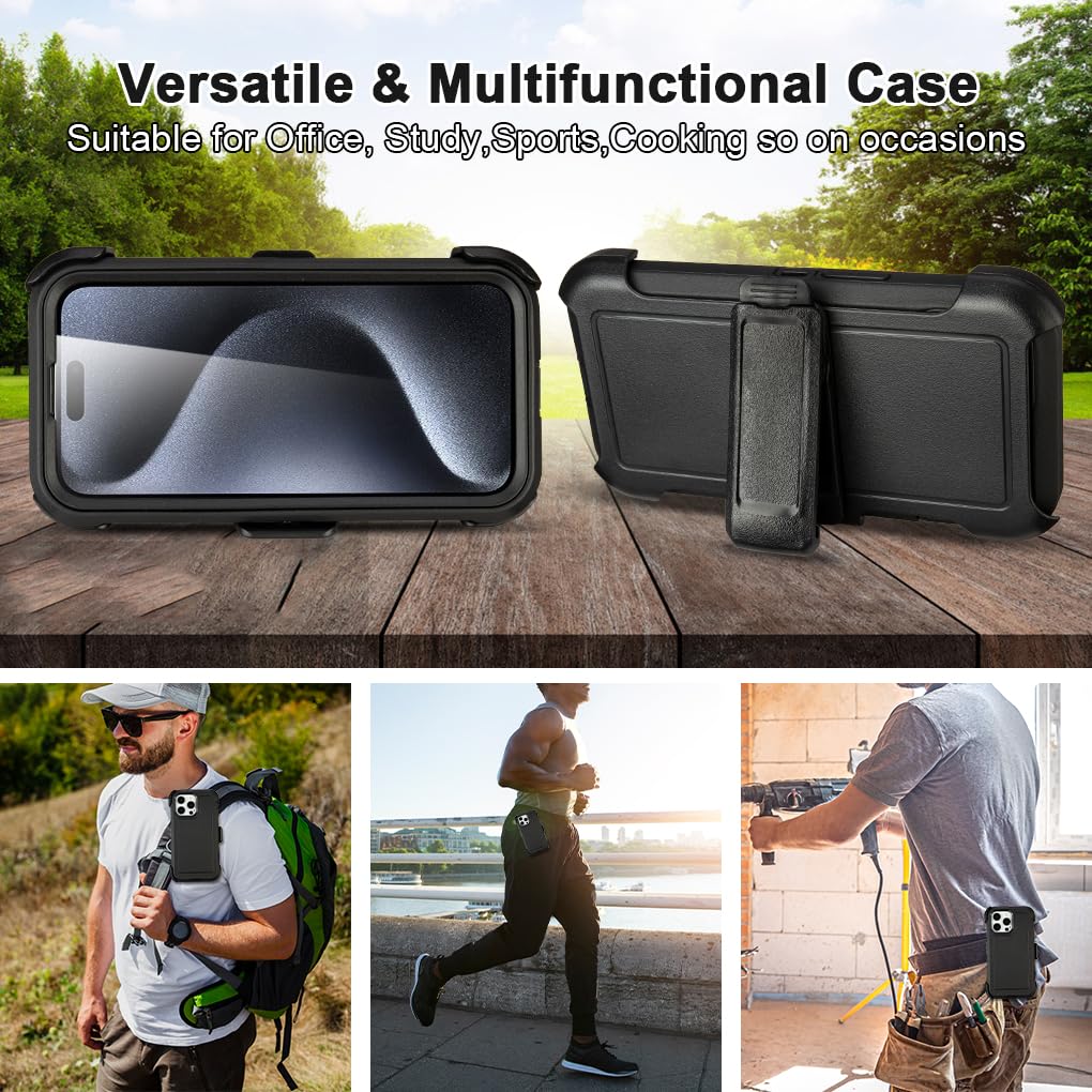 for Black iPhone 16 Pro Case with Belt Clip, for Shockproof iPhone 16 Pro Case Heavy Duty,3 Layers of Sturdy,Anti-Drop,Military-Grade Defender Cover for iPhone 16Pro Case Black