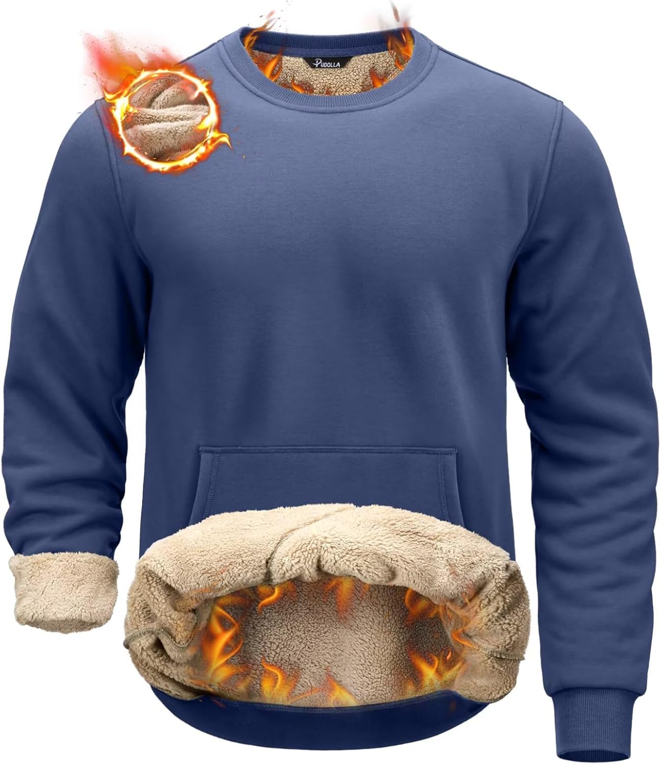 Pudolla Men's Sherpa Lined Sweatshirts Warm Soft Crewneck Sweatshirts Heavyweight Winter Pullover Kangaroo with Pouch Pocket