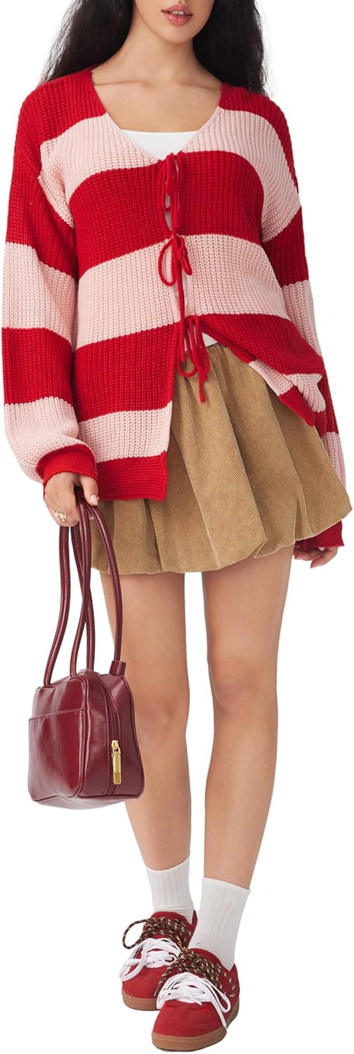 CIDER Cardigan Sweater for Women Tie Front Striped Long Sleeve V Neck Cute Y2k Fall Trendy Outfits