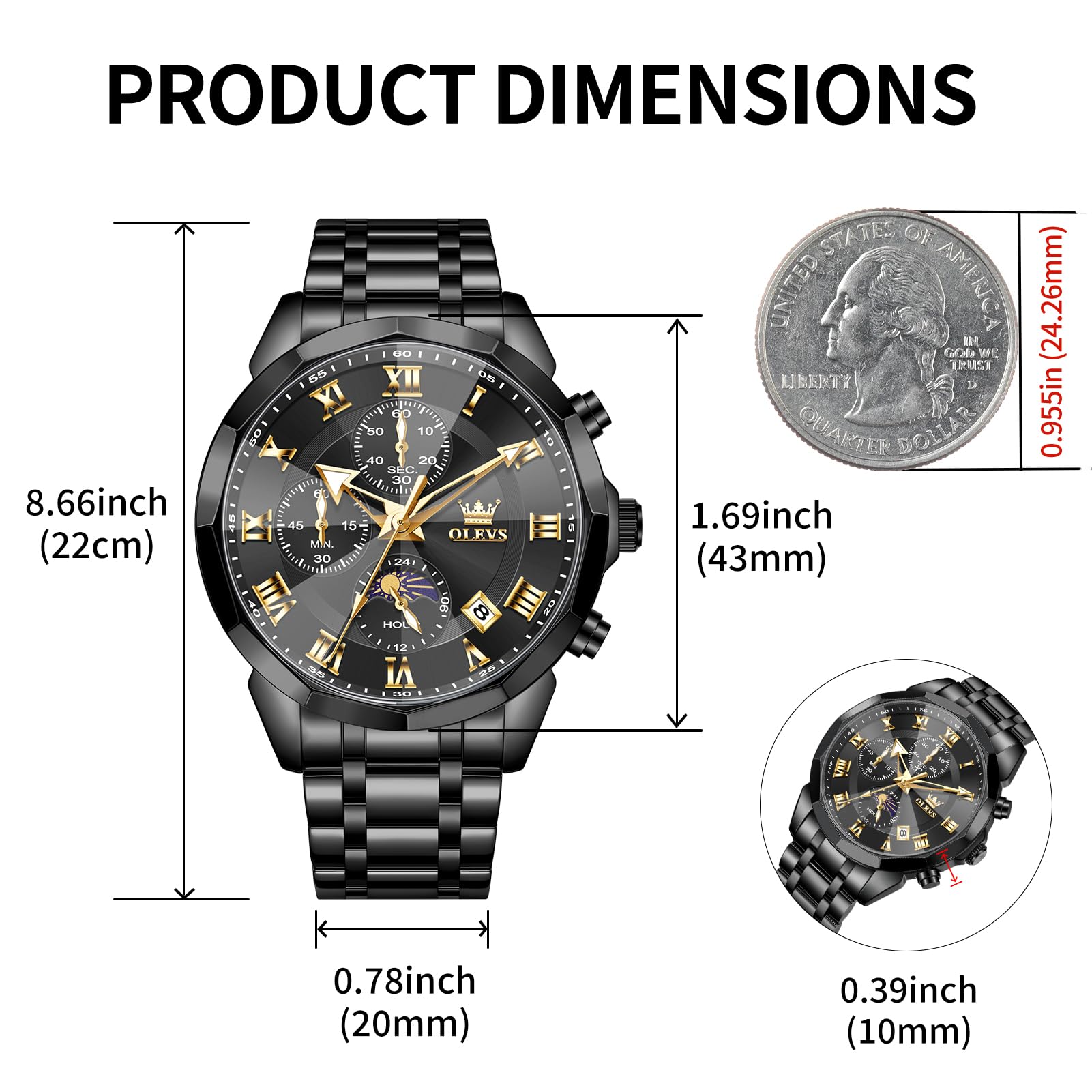 OLEVS Watches Men Luxury Chronograph Moon Phase Waterproof Luminous Watches for Men Analog Quartz Calendar Stainless Steel Strap Wrist Watches-(Black/Blue/Gold/Grey/Silver Face)