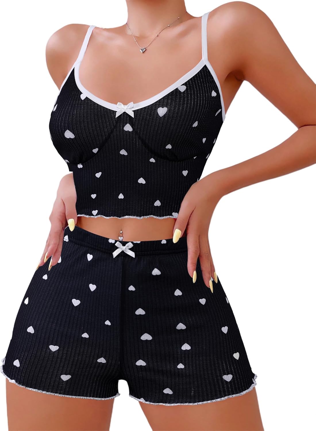 Hilinker Womens Graphic Print Ribbed PJ Set Crop Cami Tops and Shorts Cute Pajamas Set