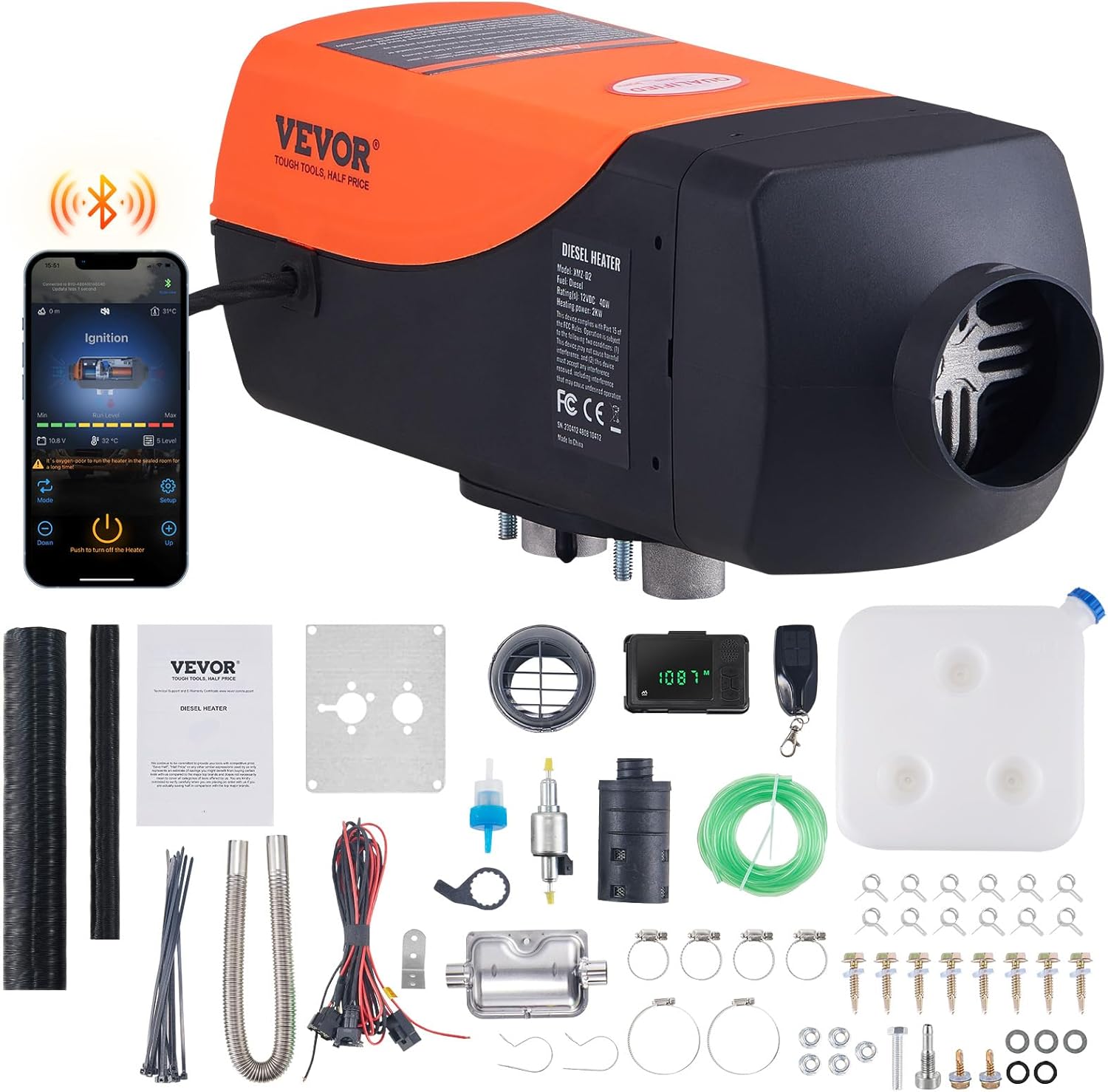 VEVOR 8KW Diesel Heater, DC12-24V, Fast Heating Diesel Air Heater, with Remote Control and Color Digital Display, 10L Fuel Tank, Low Noise, Voice Announcement, for RV, Truck, Boat and Trailer