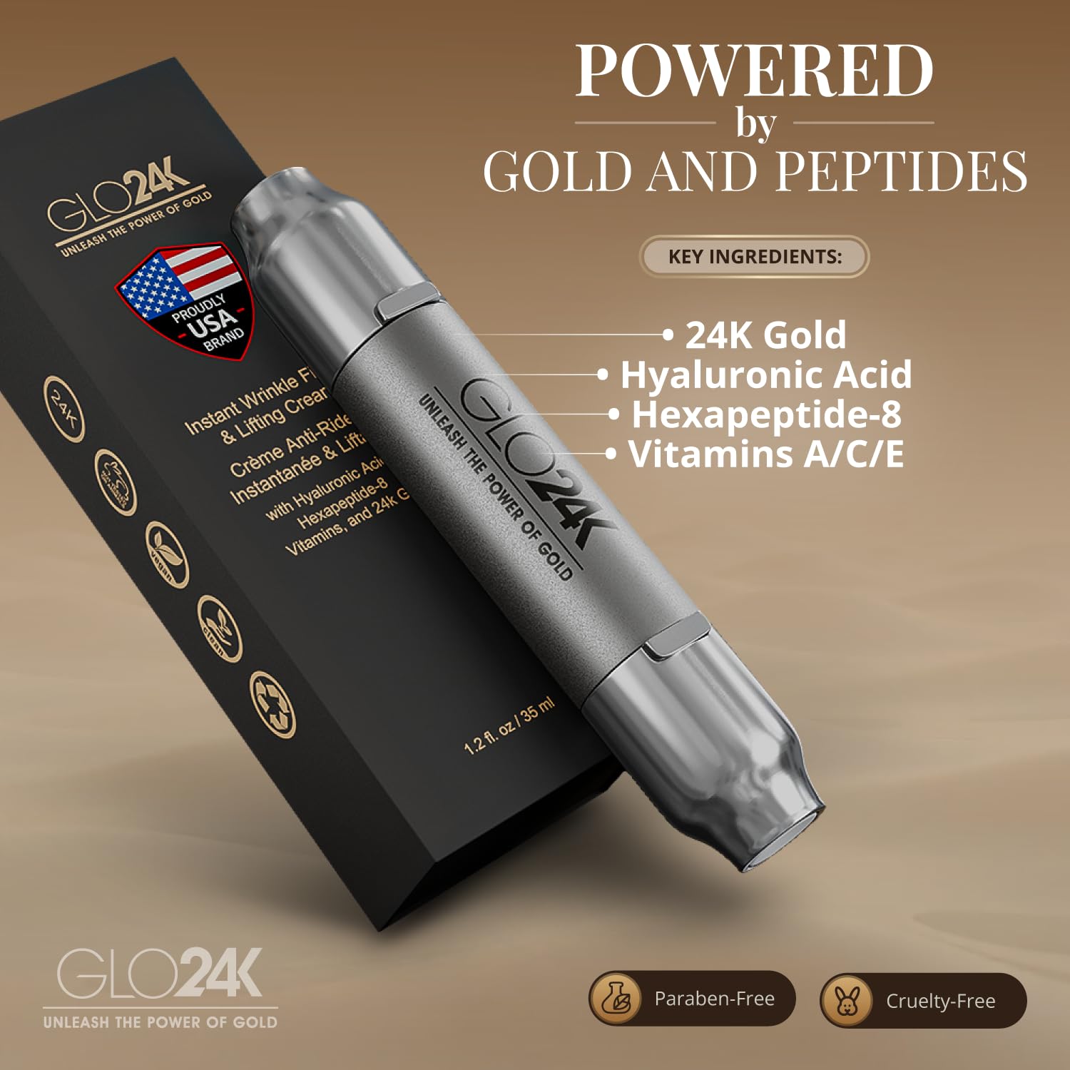 GLO24K Instant Wrinkle Filler for Face, XL Lifting Cream for Eye and Face, Lift and Tightening Non-Invasive with Hyaluronic Acid, 24k Gold, Peptides and Vitamins for Youthful Appearance, 1.2 fl oz