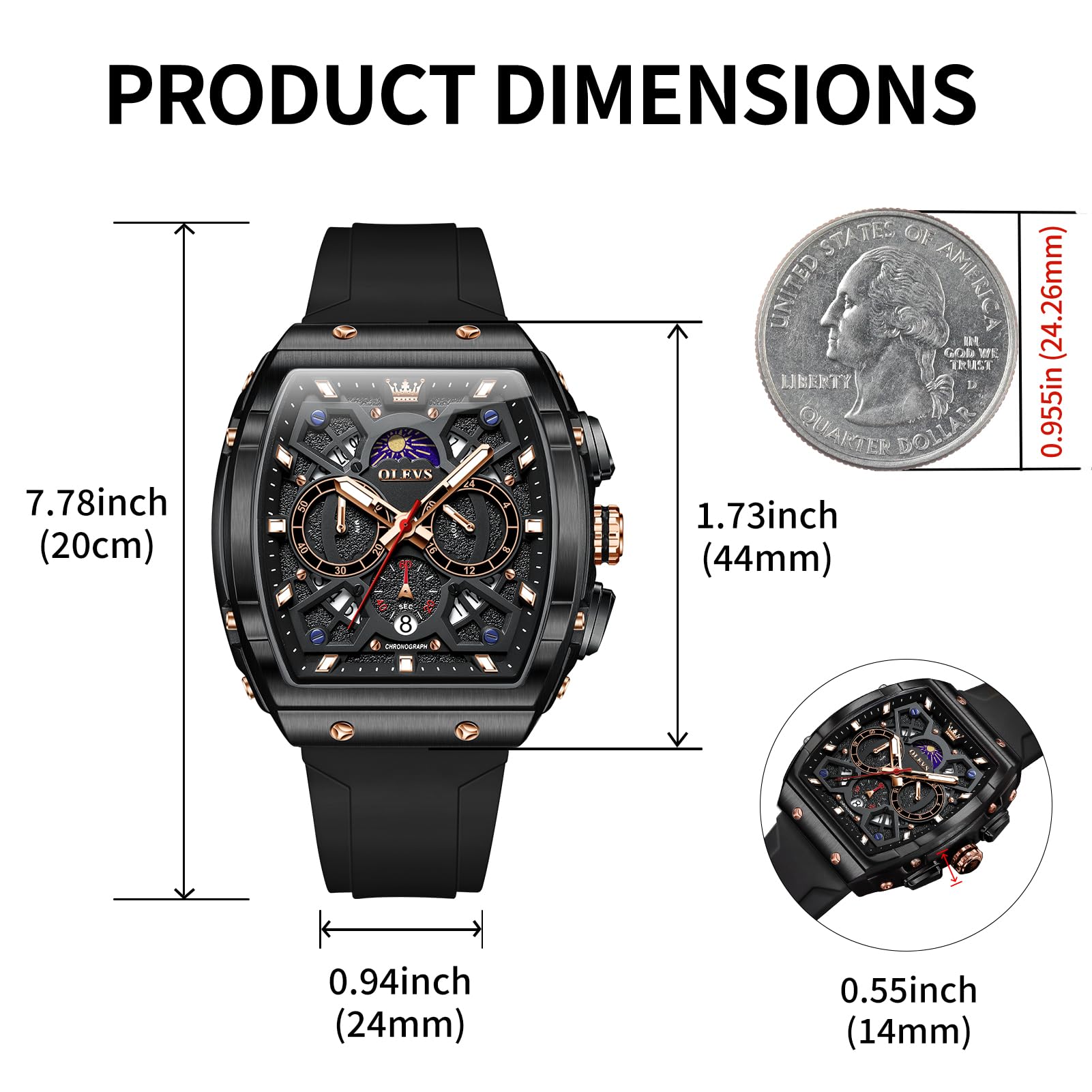 OLEVS Watches Men Chronograph Waterproof Rectangle Face Moon Phase Watches for Men Luminous Quartz Calendar Mens Wrist Watch - Silicon Strap