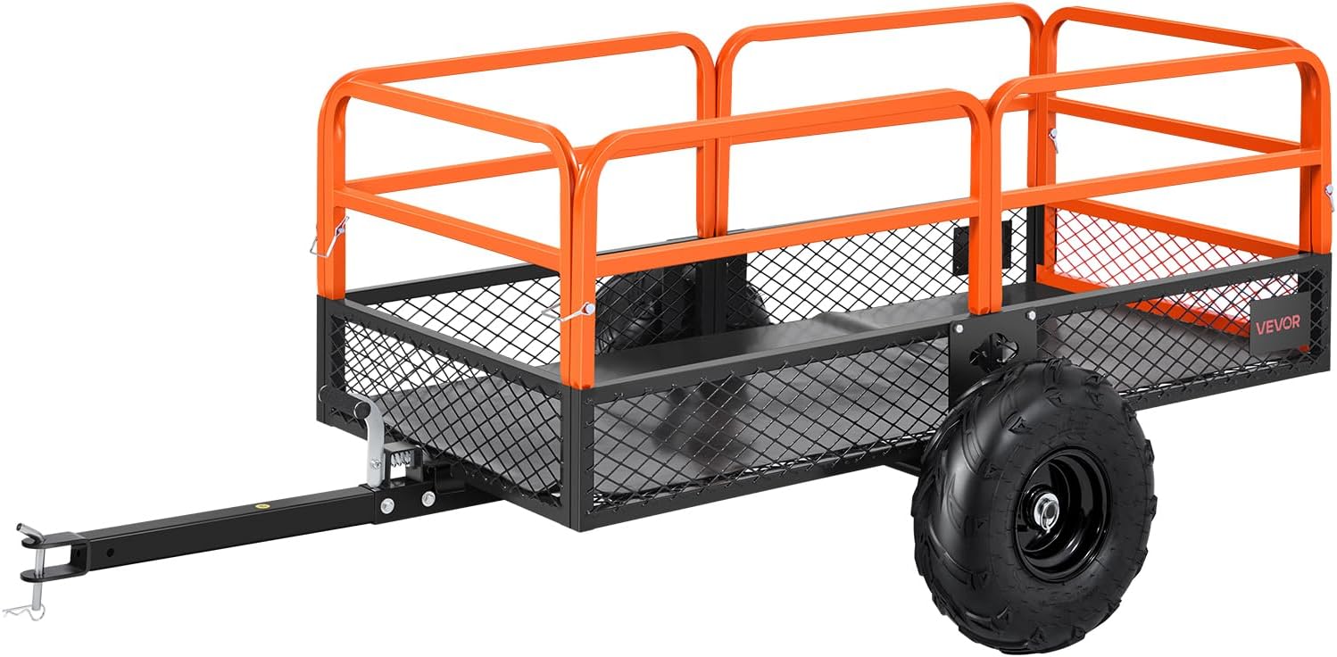VEVOR ATV UTV Trailer Tow Behind Dump Cart, 1500lbs 15 Cubic Feet, Heavy Duty Yard Garden Trailer Pull Behind Dump Trailer for Lawn Mower Tractor