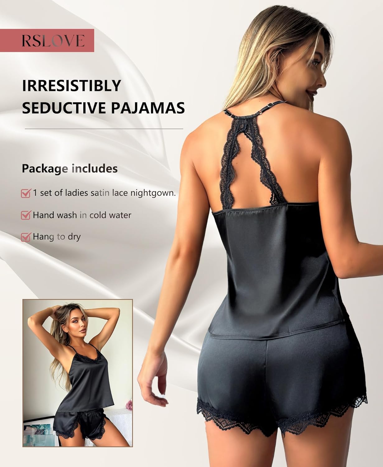 RSLOVE Women Pajama Set Sleepwear - Satin Pajamas Silk V Neck Cami and Shorts Pjs 2 Piece Womens Sexy Lace Lounge Nightwear