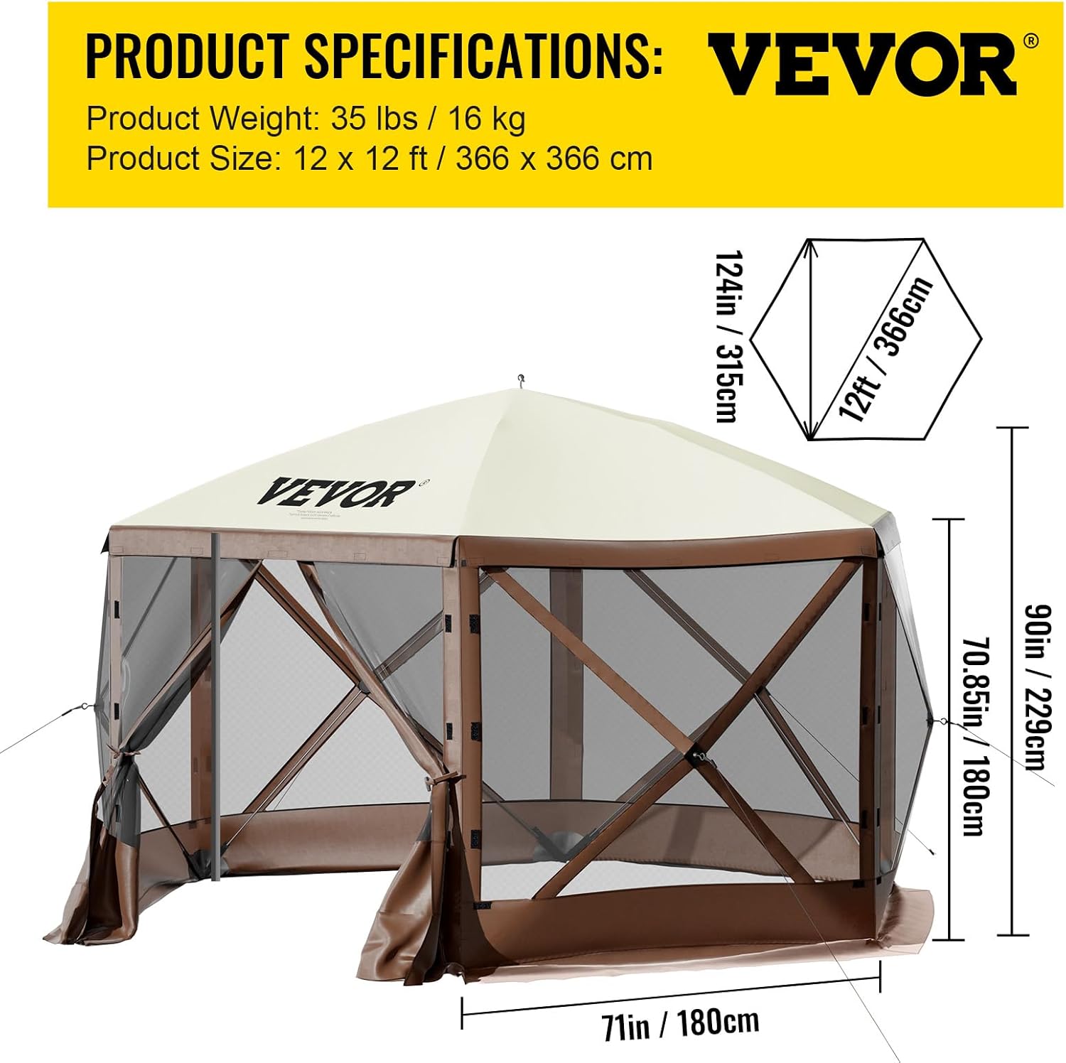 VEVOR 12 * 12ft 6 Sided Pop-up Canopy Shelter Tent with Mesh Windows, Portable Carry Bag, Stakes, Large Shade Tents for Outdoor Camping, Lawn and Backyard, Brown/Beige