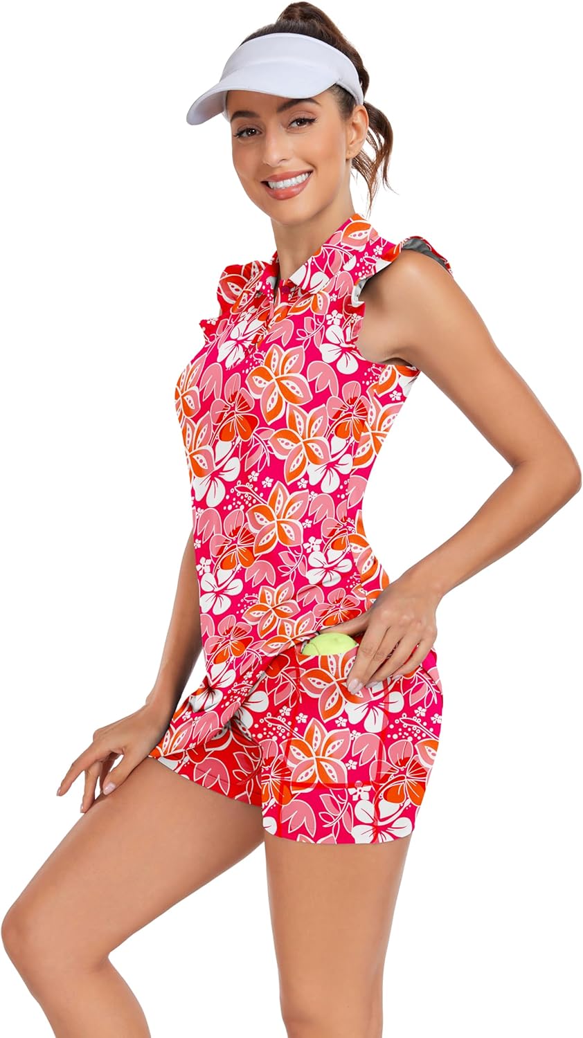 WOWENY Tennis Dress Polo Buttons Golf Dresses with Built in Shorts and Pockets Ruffle Sleeveless Athletic Workout Dress