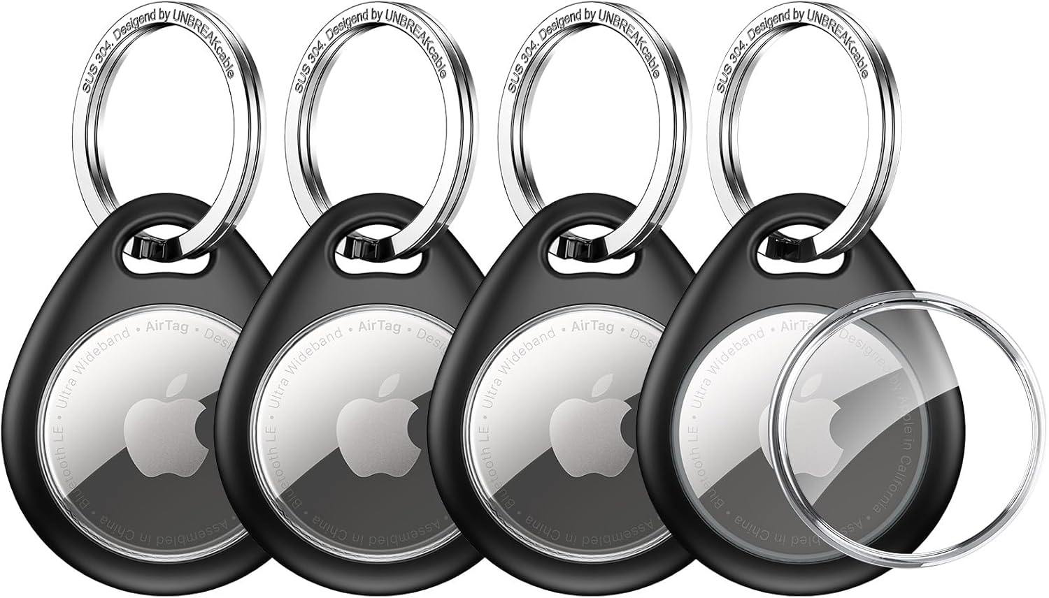 UNBREAKcable AirTag Holder for Apple - 4 Pack Air Tag Case [Fit Tightly Design] [Easy to Install] [Hold Securely] Waterproof TPU Protective Cover with Metal Keychain for Kids,Pet,Luggage,Backpack,Keys