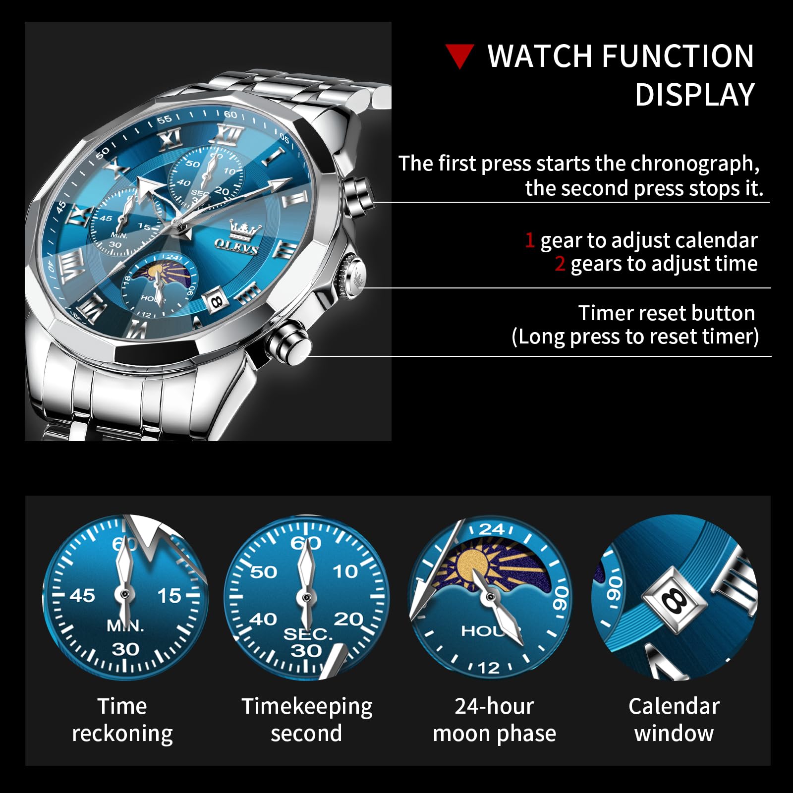 OLEVS Watches Men Luxury Chronograph Moon Phase Waterproof Luminous Watches for Men Analog Quartz Calendar Stainless Steel Strap Wrist Watches-(Black/Blue/Gold/Grey/Silver Face)